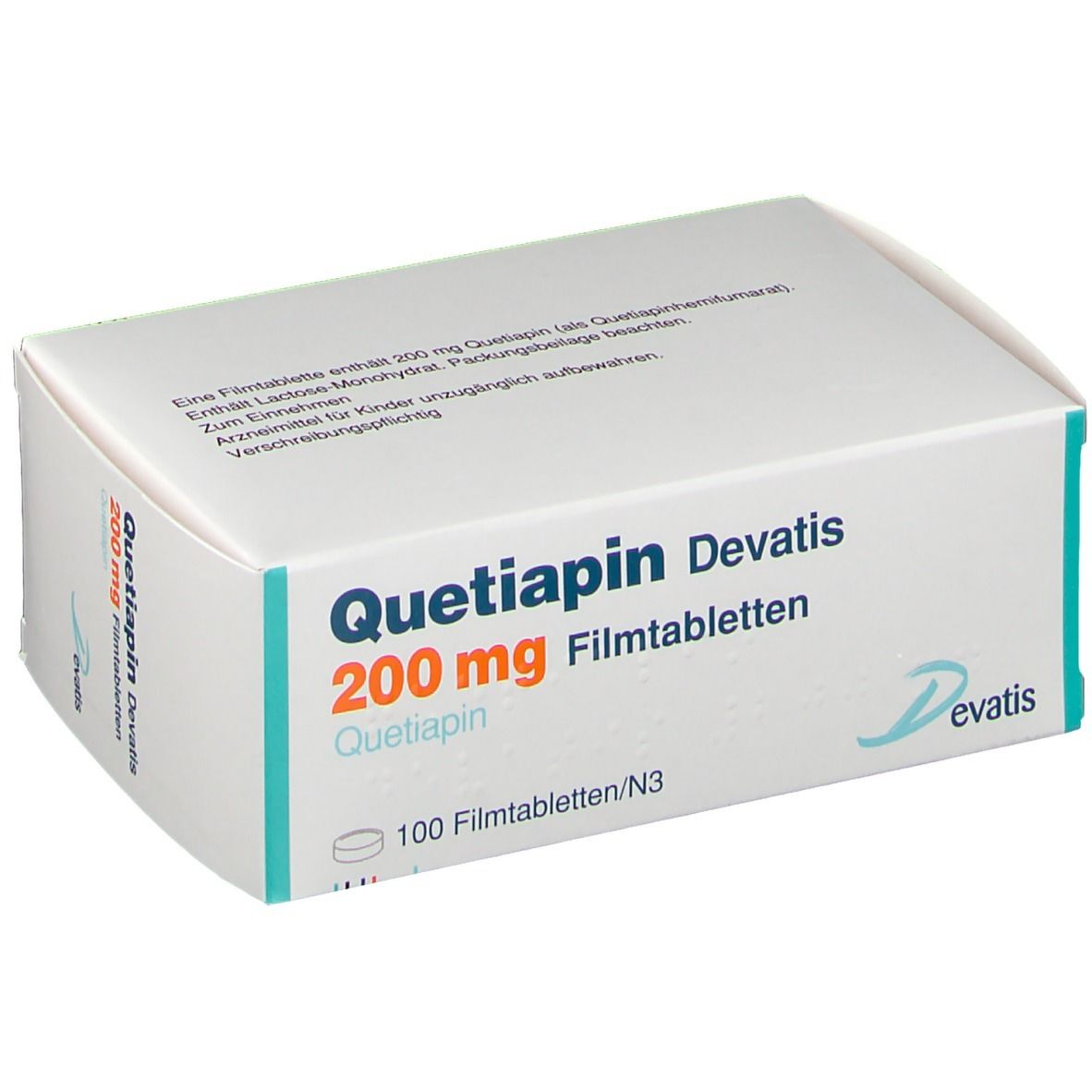 Schachtel "Quetiapin Devatis 200 mg Filmtabletten". Weiße Schachtel, blaue und grüne Akzente, Logo "Devatis".