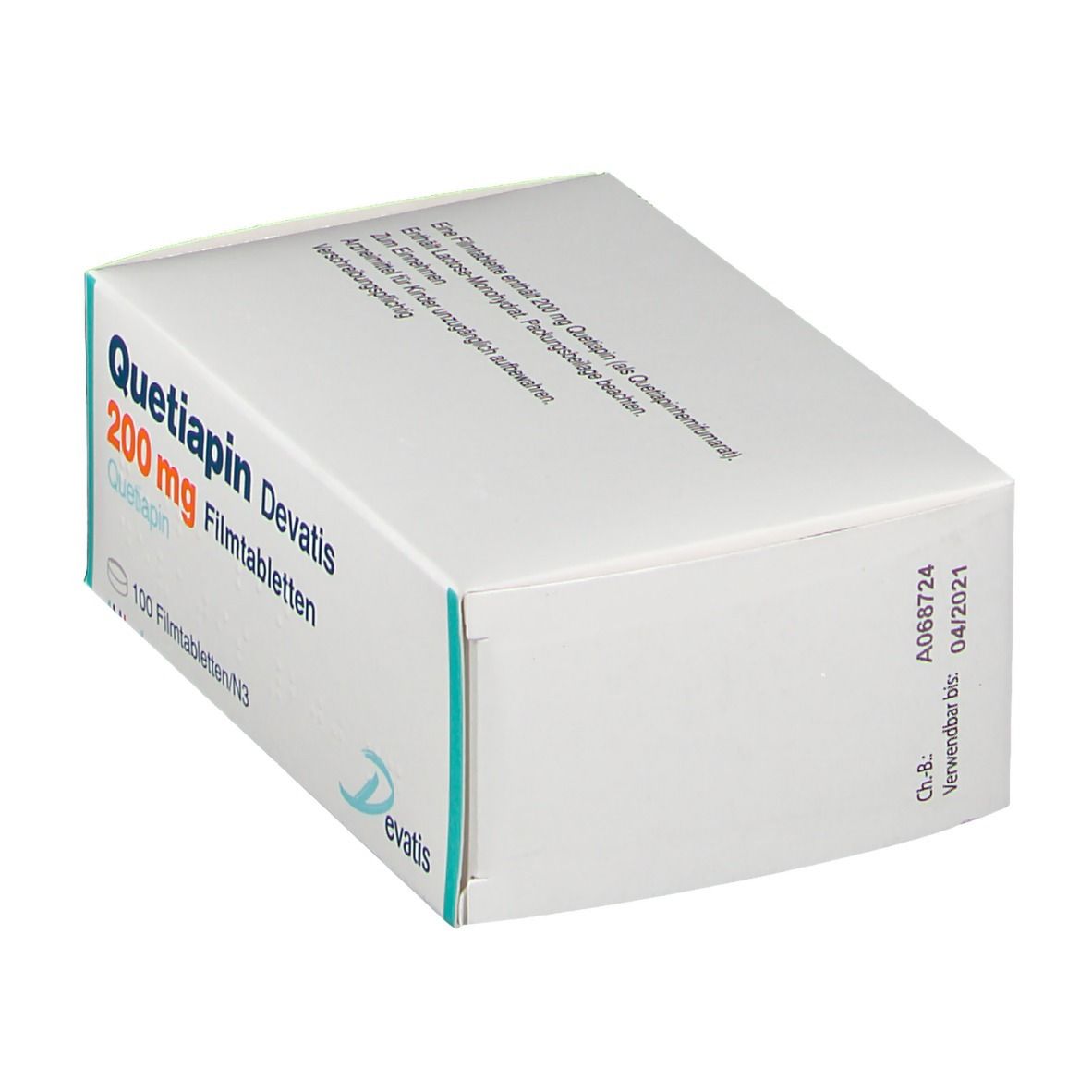 Schachtel "Quetiapin Devatis 200 mg Filmtabletten". Weiße Schachtel, blaue und grüne Akzente, Logo "Devatis".