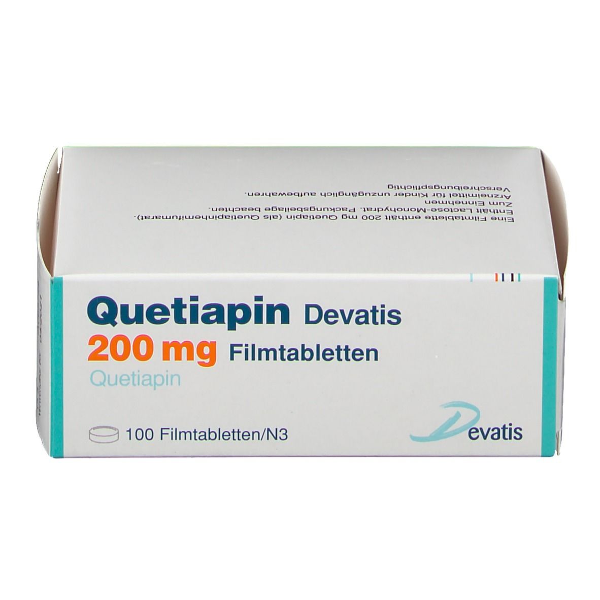 Schachtel "Quetiapin Devatis 200 mg Filmtabletten". Weiße Schachtel, blaue und grüne Akzente, Logo "Devatis".