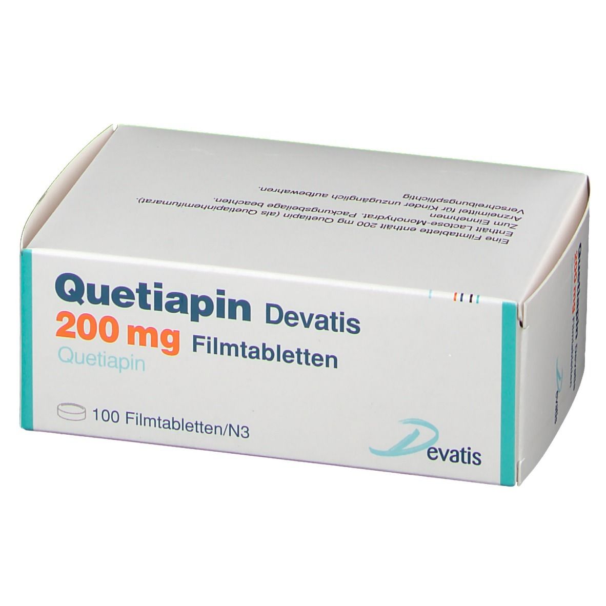 Schachtel "Quetiapin Devatis 200 mg Filmtabletten". Weiße Schachtel, blaue und grüne Akzente, Logo "Devatis".
