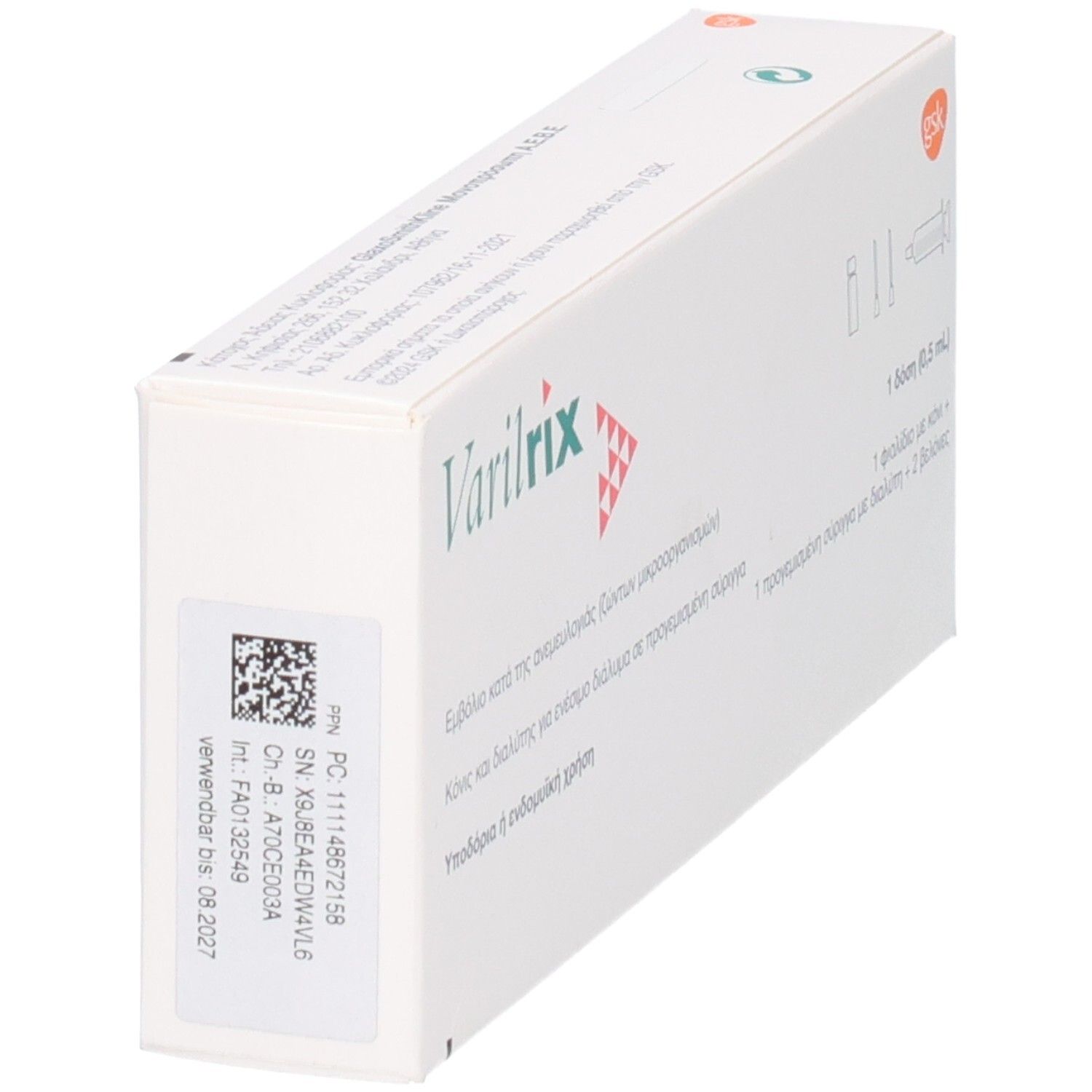 VARILRIX Impfstoff-Packung mit Spritze und Nadeln, Rückseite mit Chargennummer.