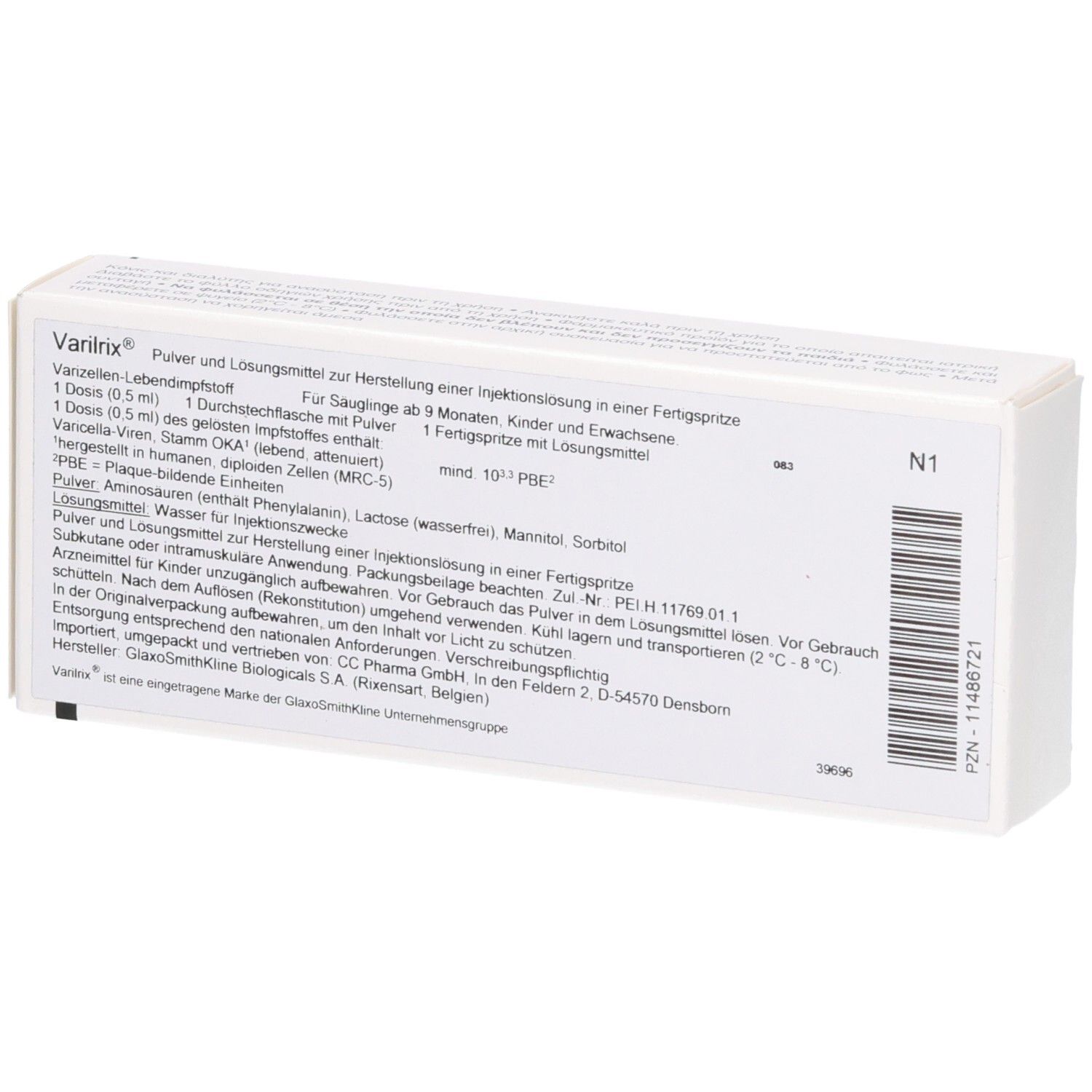 VARILRIX Impfstoff-Packung, Rückseite mit Produktinformationen und Barcode.