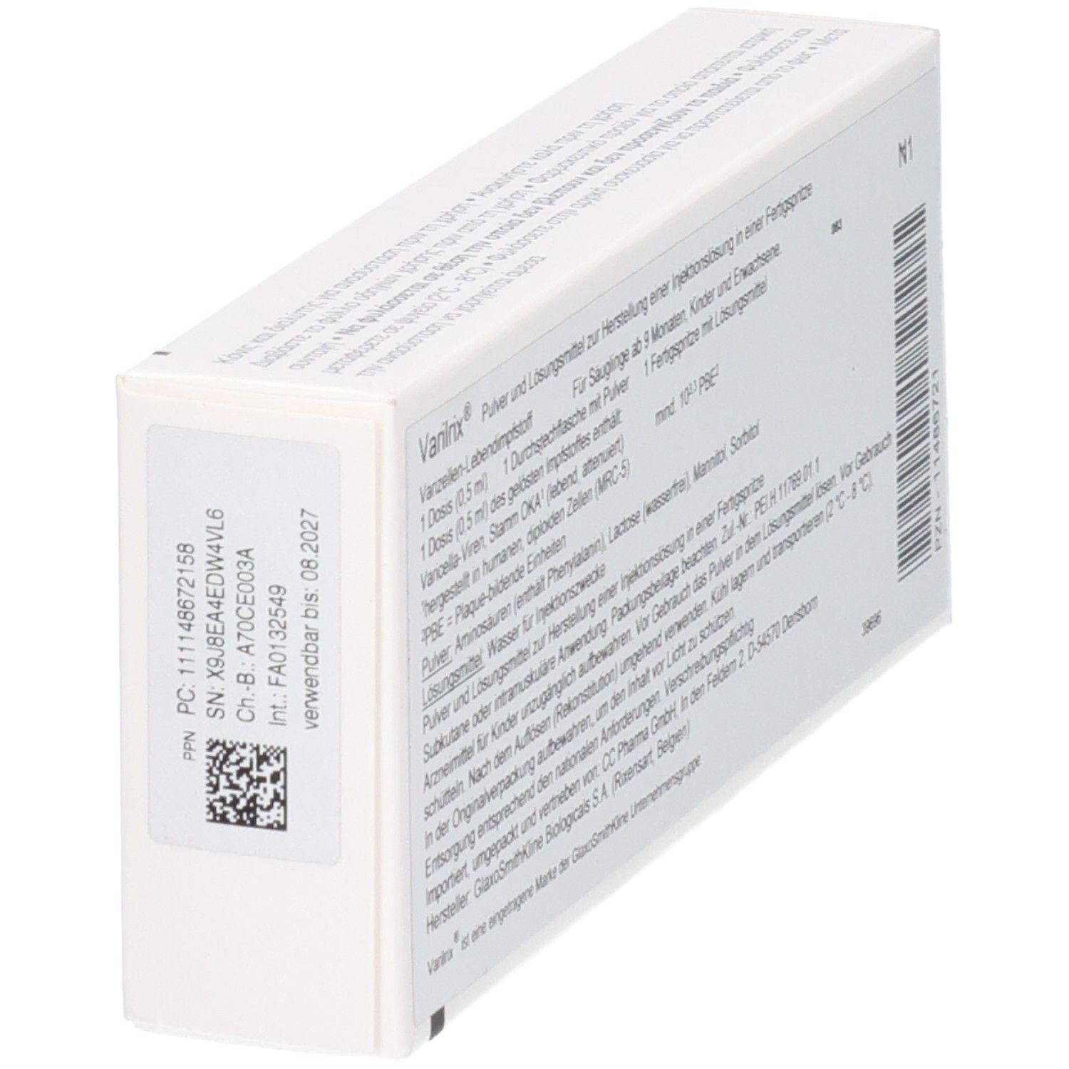 VARILRIX Impfstoff-Packung, Rückseite mit Produktinformationen und Barcode.