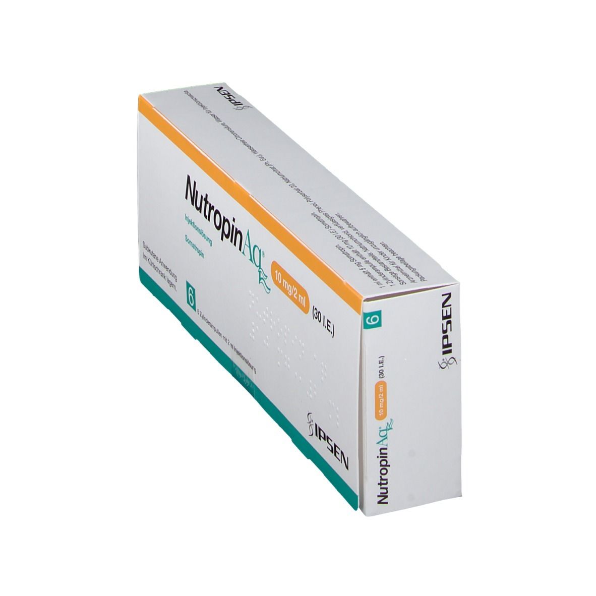 Schräg gestellte weiße Schachtel mit orangefarbenem Streifen. Aufschrift: NutropinAq, 10 mg/2 ml, 6 Injektionslösungen. Marke IPSEN.