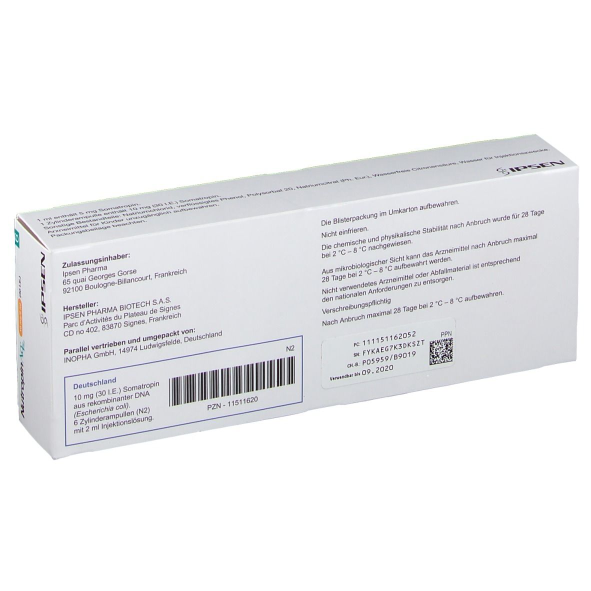 Rückseite einer weißen Schachtel. Text: Hersteller, Inhaltsstoffe, Chargennummer, Verfallsdatum. Marke IPSEN.