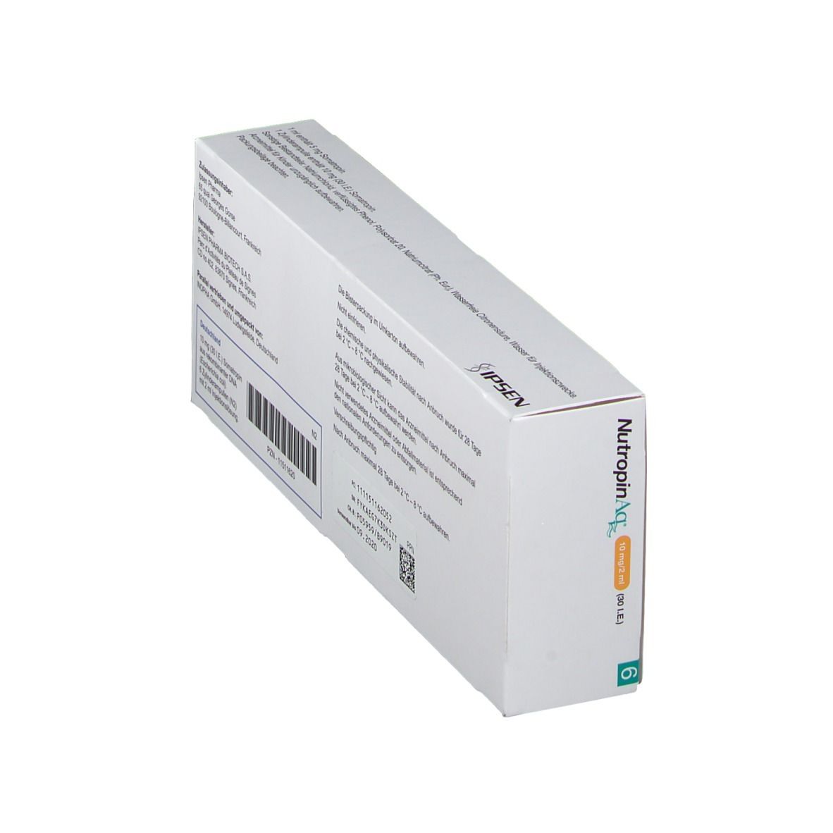 Schräg gestellte weiße Schachtel. Text: Hersteller, Chargennummer, Verfallsdatum. Marke IPSEN.