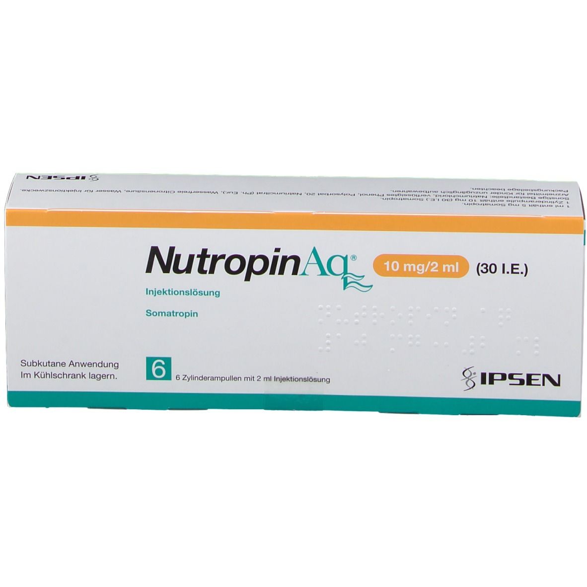 Weiße Schachtel mit orangefarbenem Streifen. Aufschrift: NutropinAq, 10 mg/2 ml, 6 Injektionslösungen. Marke IPSEN.