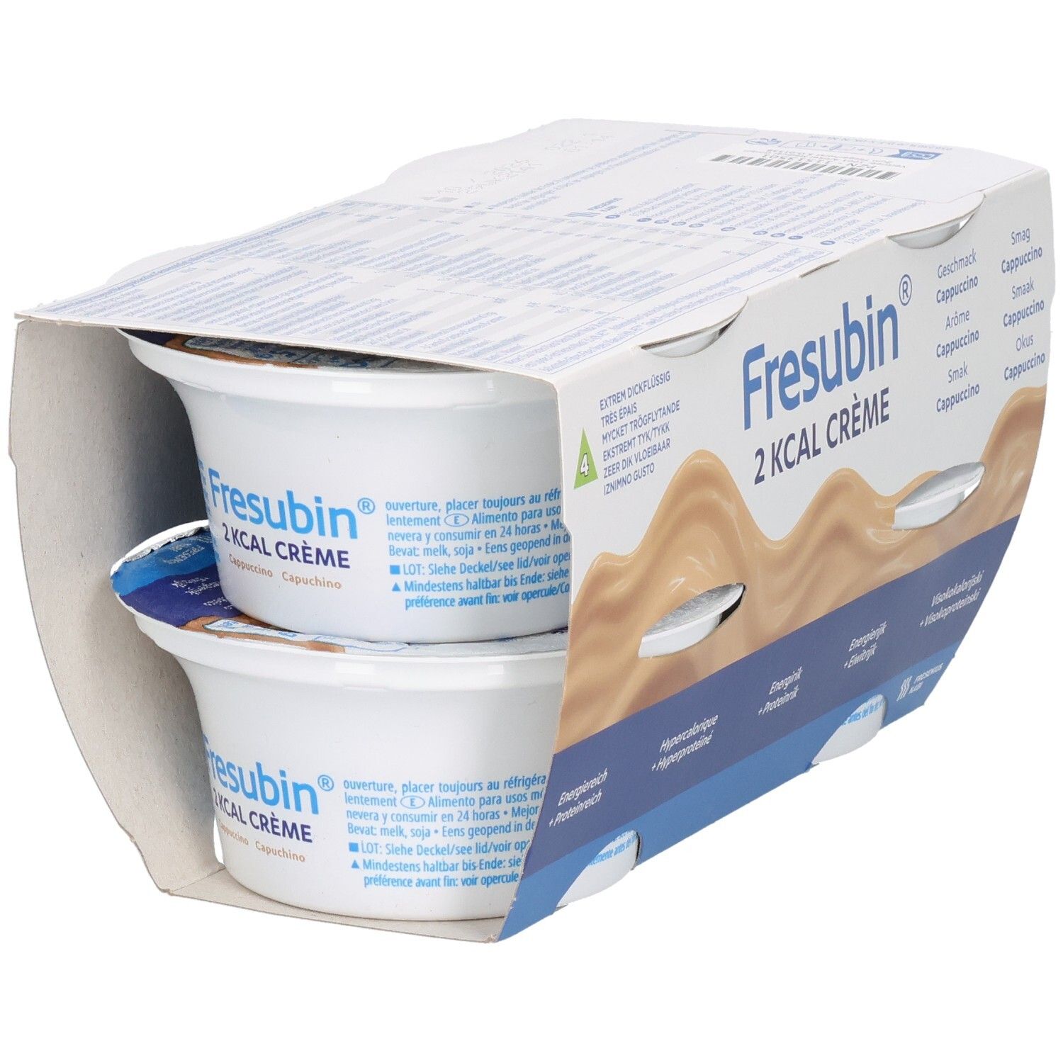 Packung mit zwei Bechern FRESUBIN 2 kcal Crème Cappuccino. Blaue und weiße Verpackung mit Produktinformationen. Becher sichtbar.