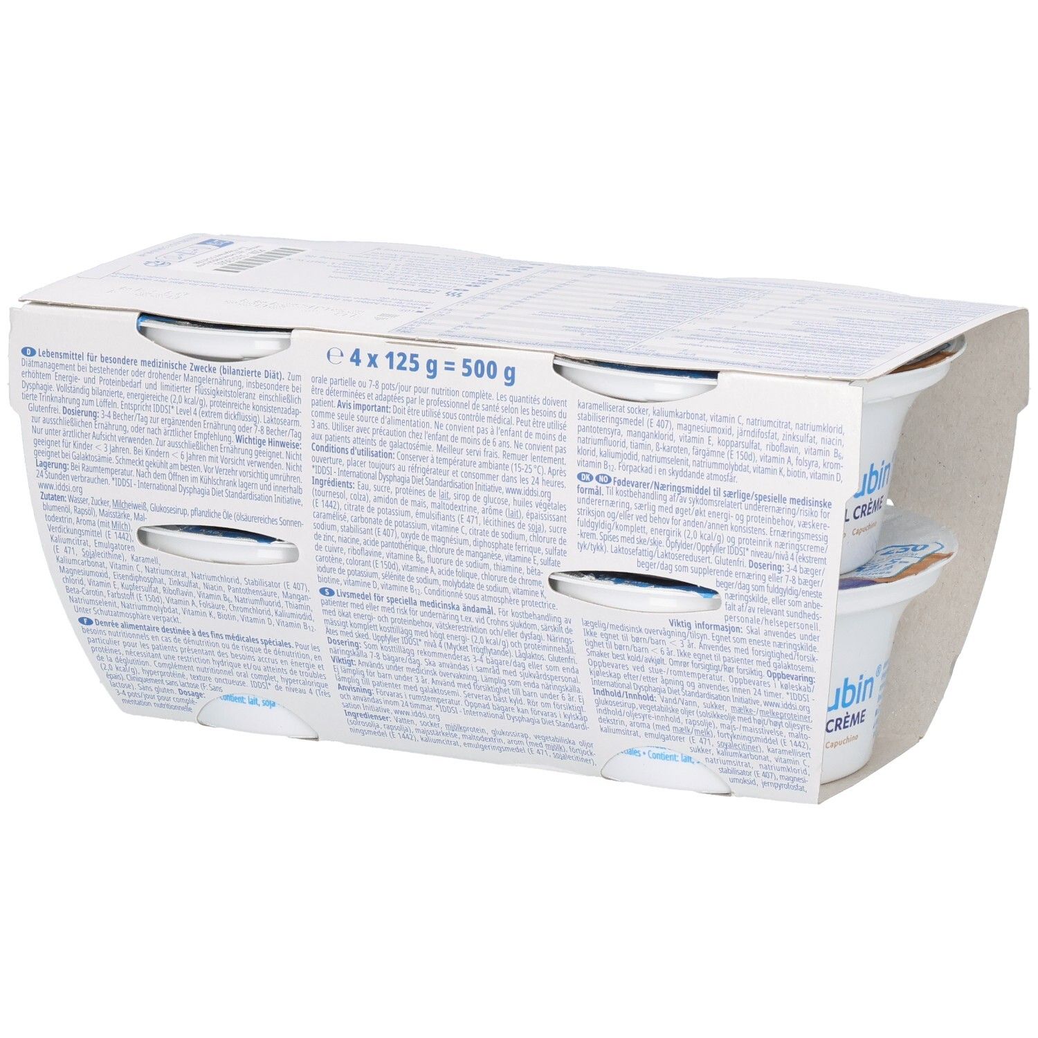 Rückseite der Verpackung mit Produktinformationen. Text in mehreren Sprachen. Enthält vier Becher FRESUBIN 2 kcal Crème Cappuccino.