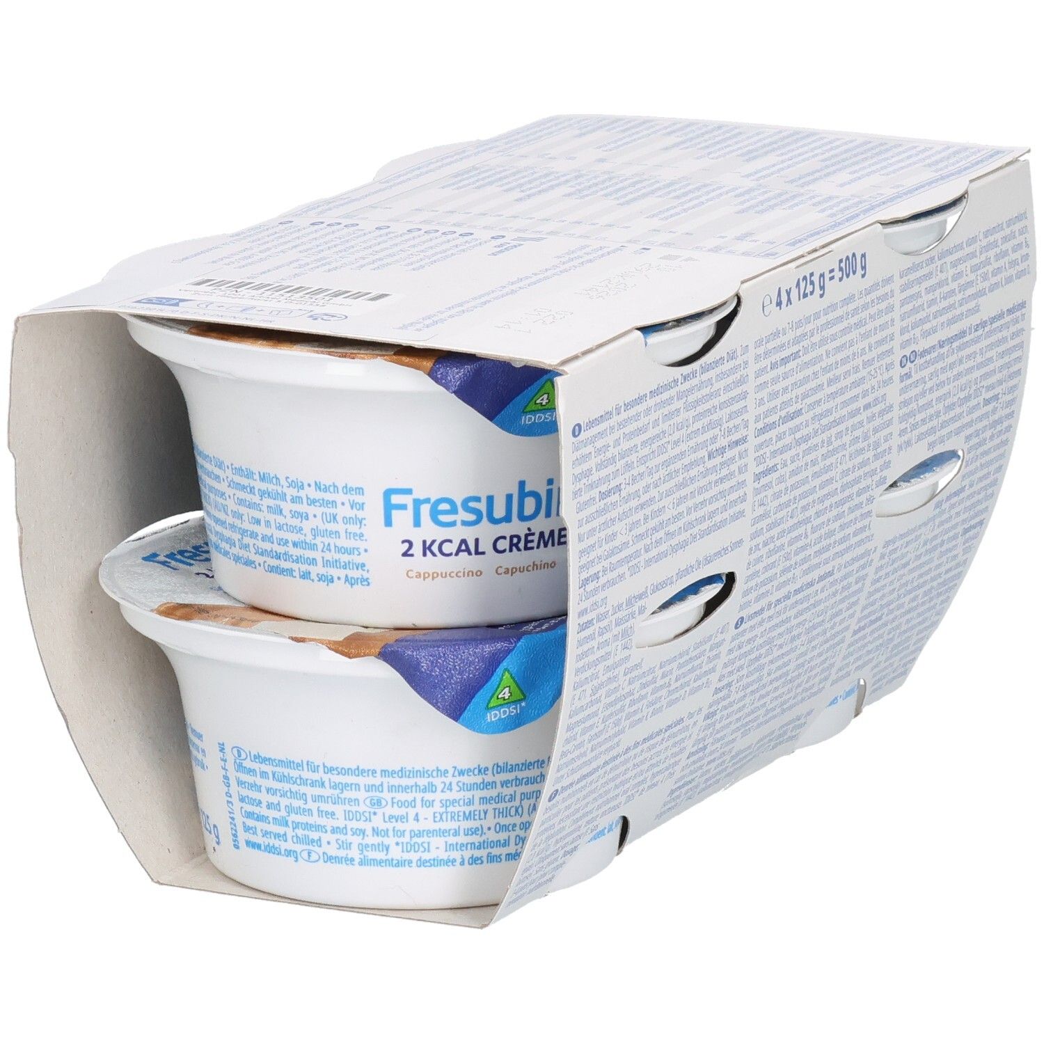 Packung mit zwei Bechern FRESUBIN 2 kcal Crème Cappuccino. Rückseite der Verpackung mit Text. Becher teilweise sichtbar.
