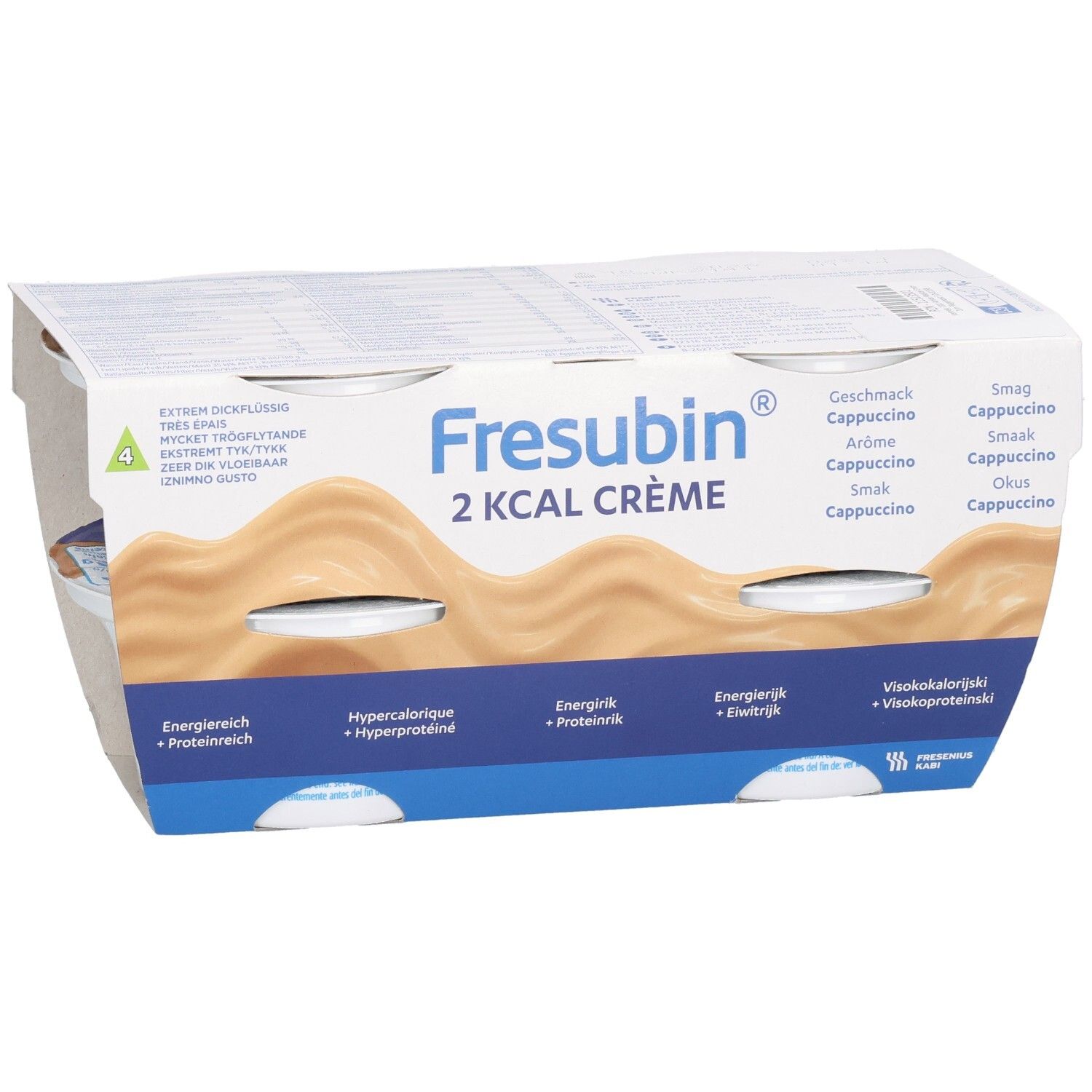 Packung mit vier Bechern FRESUBIN 2 kcal Crème Cappuccino. Blaue und weiße Verpackung mit Produktinformationen und Wellenmuster.