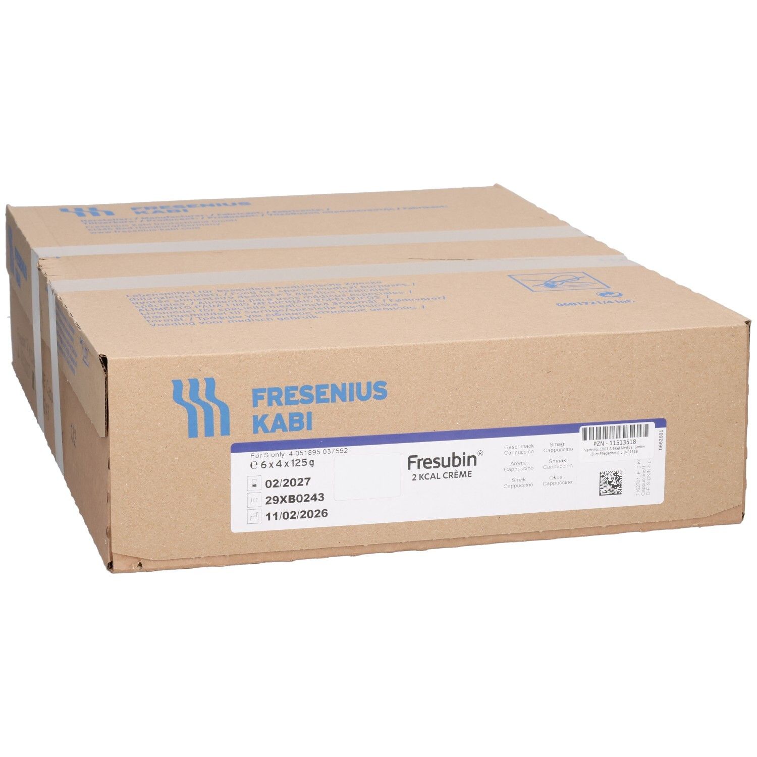 Karton mit FRESUBIN 2 kcal Creme. Aufschrift: Fresenius Kabi. Enthält 6x4x125g. MHD 11.02.2026.