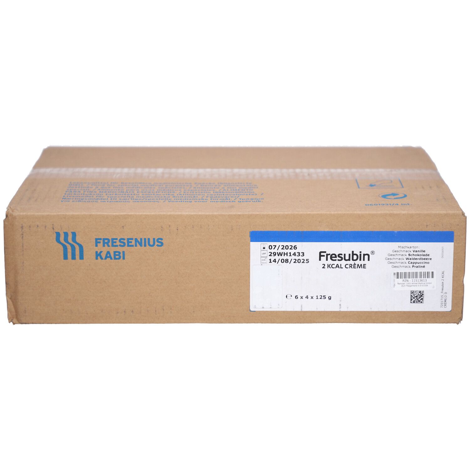 Fresubin 2 Kcal Creme Karton mit 6x4x125g Einheiten. Fresenius Kabi Logo und Versandinformationen.