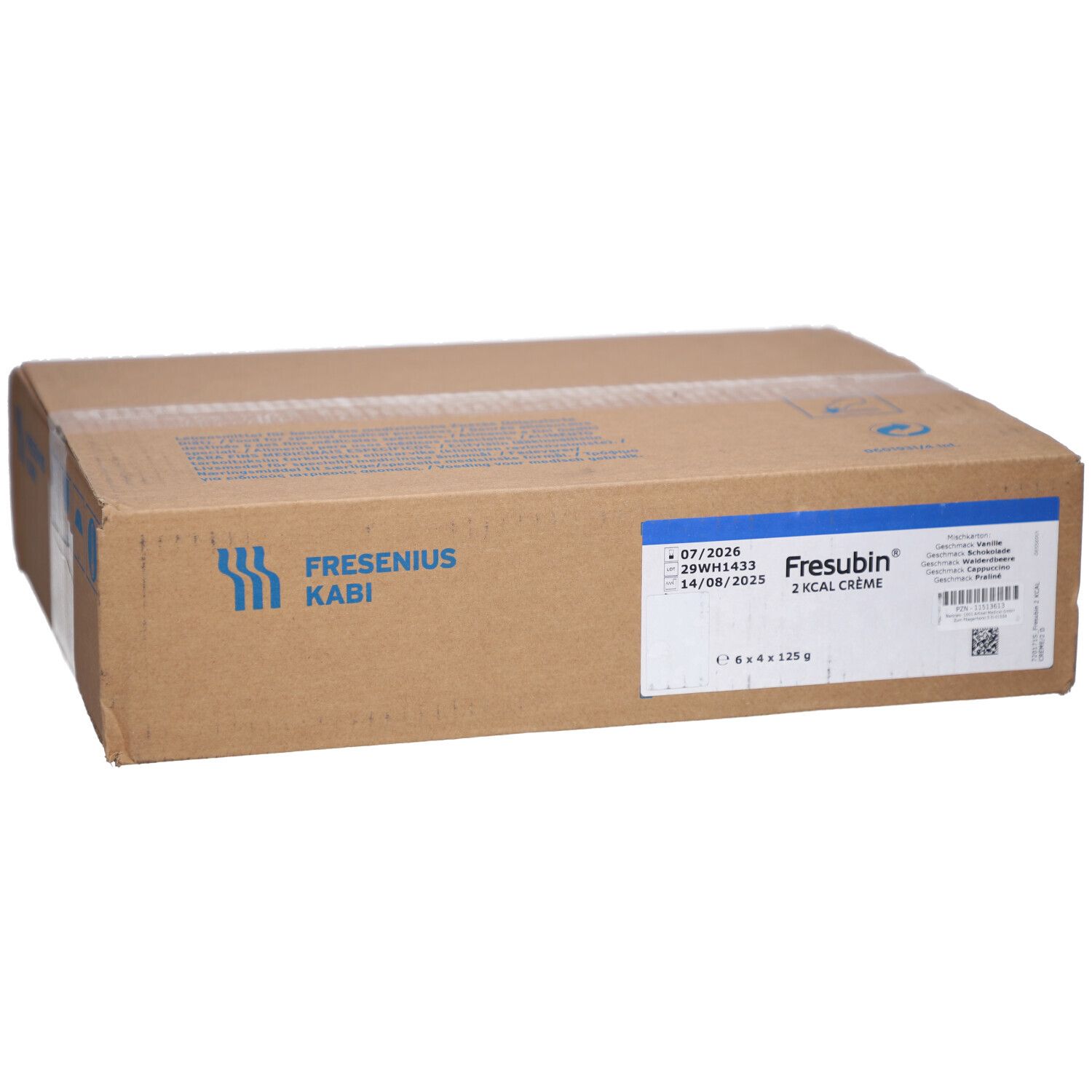 Fresubin 2 Kcal Creme Karton mit 6x4x125g Einheiten. Fresenius Kabi Logo und Versandinformationen.