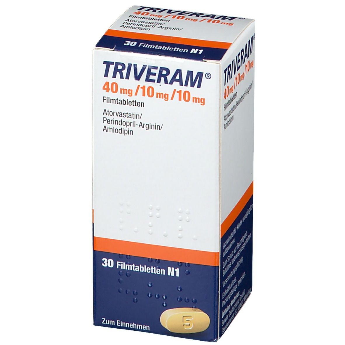 Schachtel mit TRIVERAM 40mg/10mg/10mg Filmtabletten. Enthält 30 Tabletten. Aufschrift: Atorvastatin, Perindopril-Arginin, Amlodipin. Eine Tablette liegt daneben.