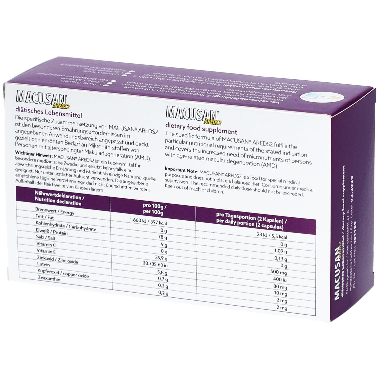 Rückseite der MACUSAN Areds 2 Verpackung. Lila Schachtel mit Text und Nährwertangaben. Enthält 60 Kapseln.