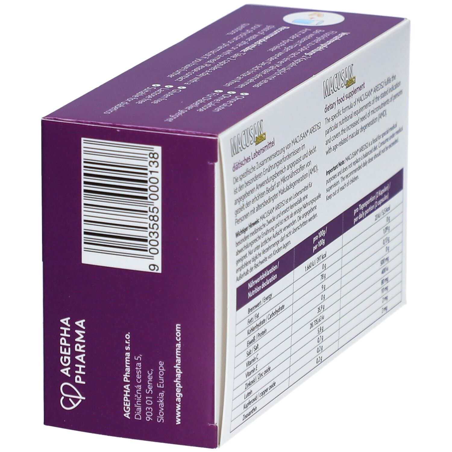 Seite der MACUSAN Areds 2 Verpackung. Lila Schachtel mit Text und Barcode. Enthält 60 Kapseln.