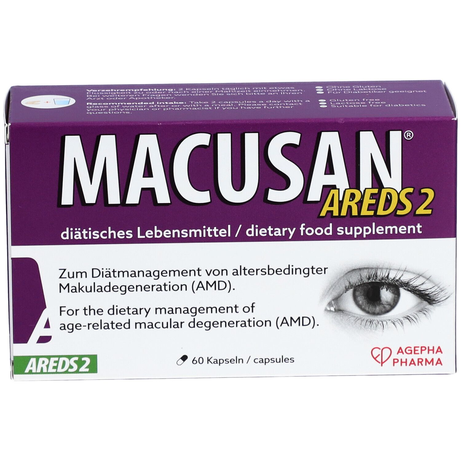 Verpackung von MACUSAN Areds 2. Lila Schachtel mit Produktnamen, Augenabbildung und Text. Enthält 60 Kapseln.