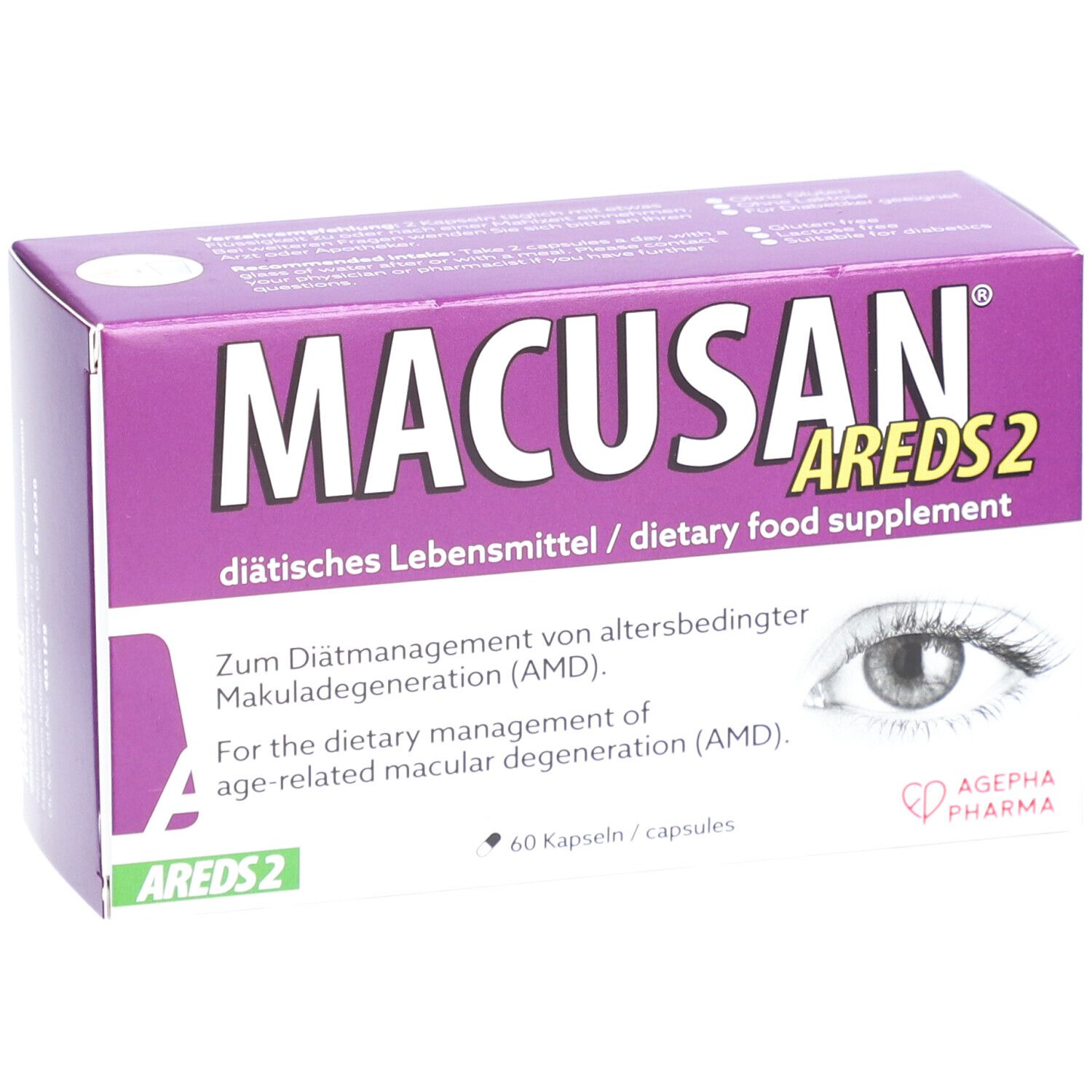 Verpackung von MACUSAN Areds 2. Lila Schachtel mit Produktnamen, Augenabbildung und Text. Enthält 60 Kapseln.