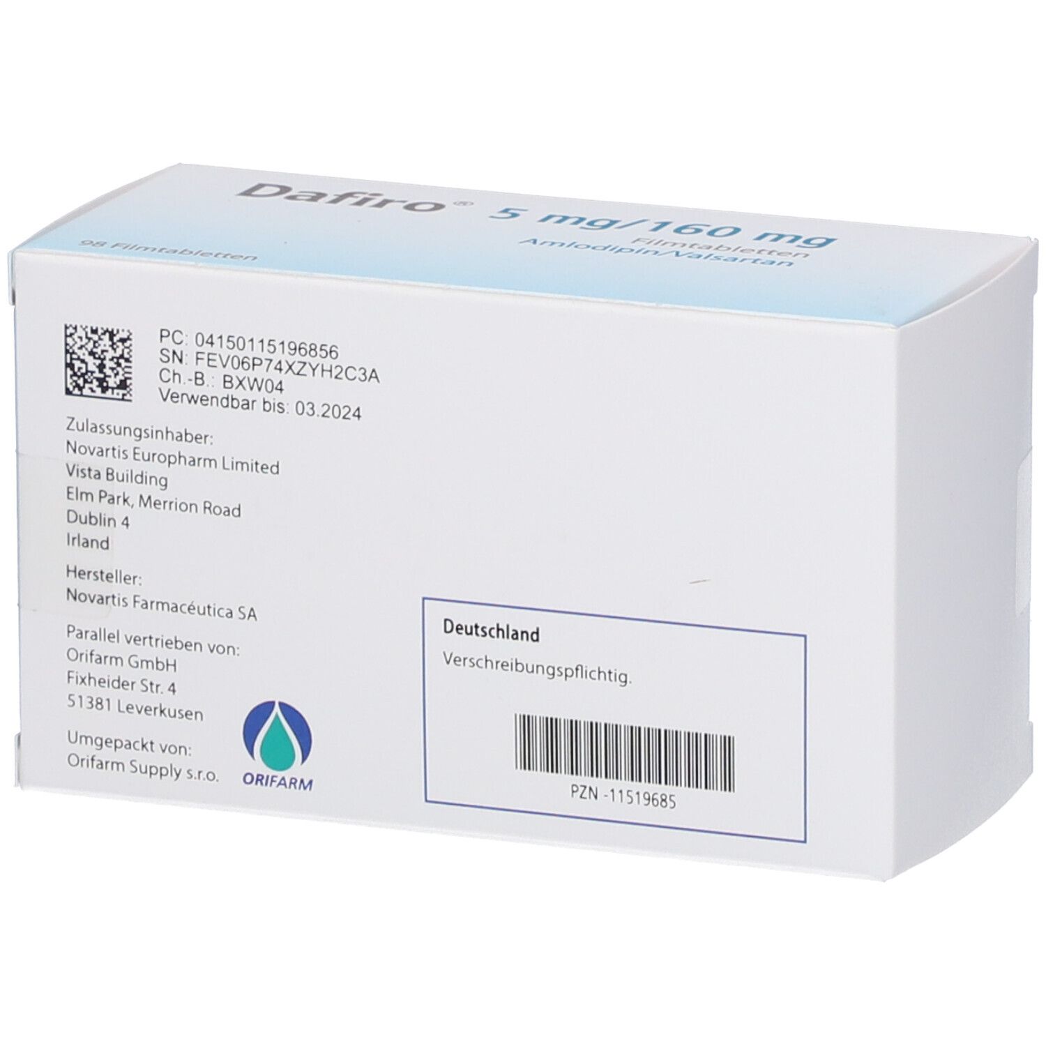 Dafiro 5 mg/160 mg-Packung. Weiße Schachtel mit blauer Schrift. Enthält 98 Filmtabletten. Aufschrift: Amlodipin/Valsartan. Rückseite mit Text.