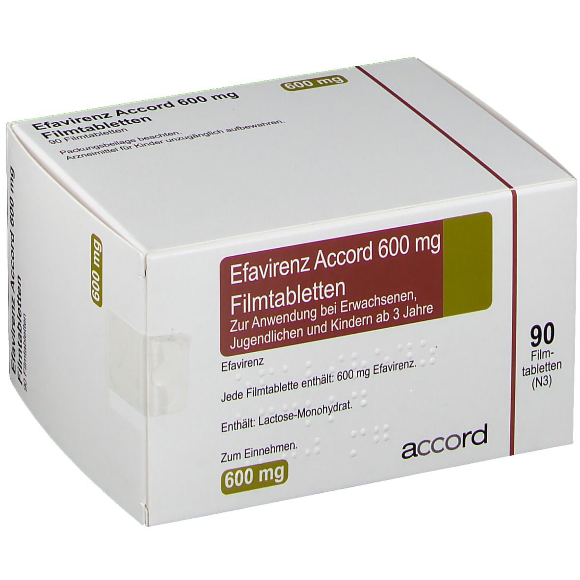 Schachtel mit Efavirenz Accord 600 mg Filmtabletten. Aufschrift: 90 Filmtabletten. Marke: accord. Braune und grüne Akzente.