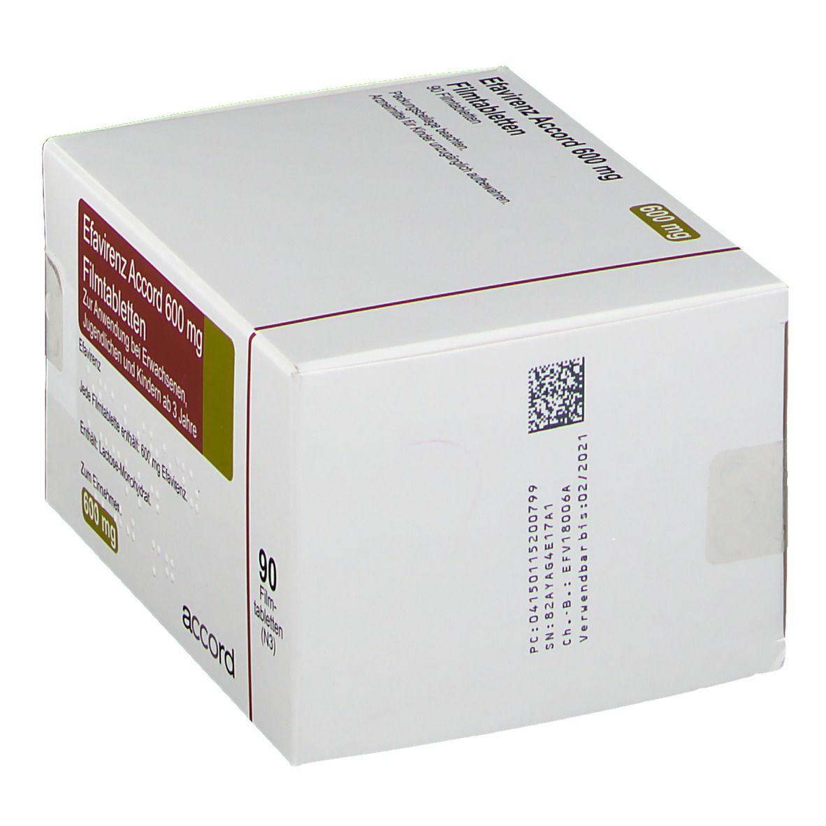 Schachtel mit Efavirenz Accord 600 mg Filmtabletten. Aufschrift: 90 Filmtabletten. Marke: accord. QR-Code und Barcode.