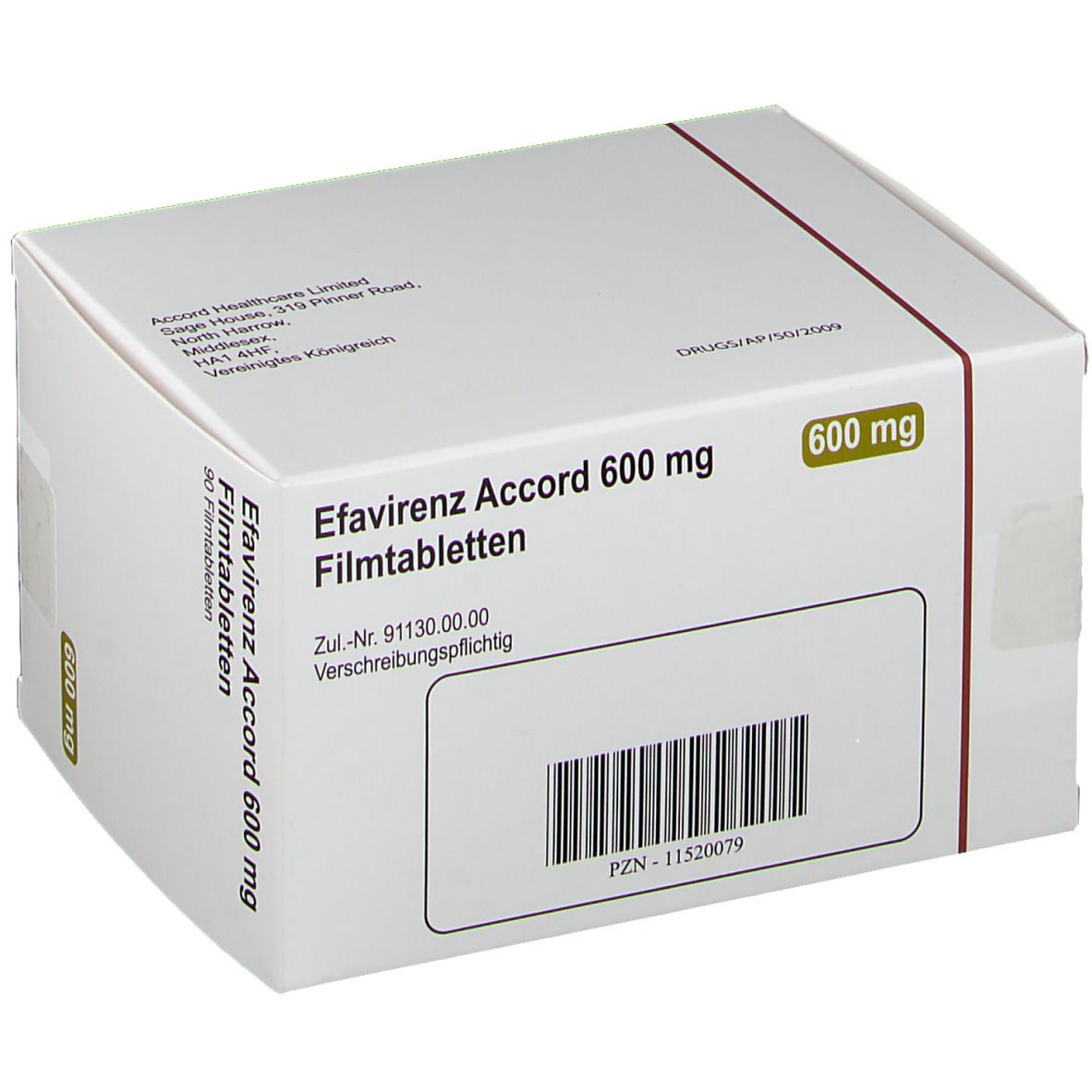 Schachtel mit Efavirenz Accord 600 mg Filmtabletten. Aufschrift: 90 Filmtabletten. Marke: accord. Barcode und Zulassungsnummer.