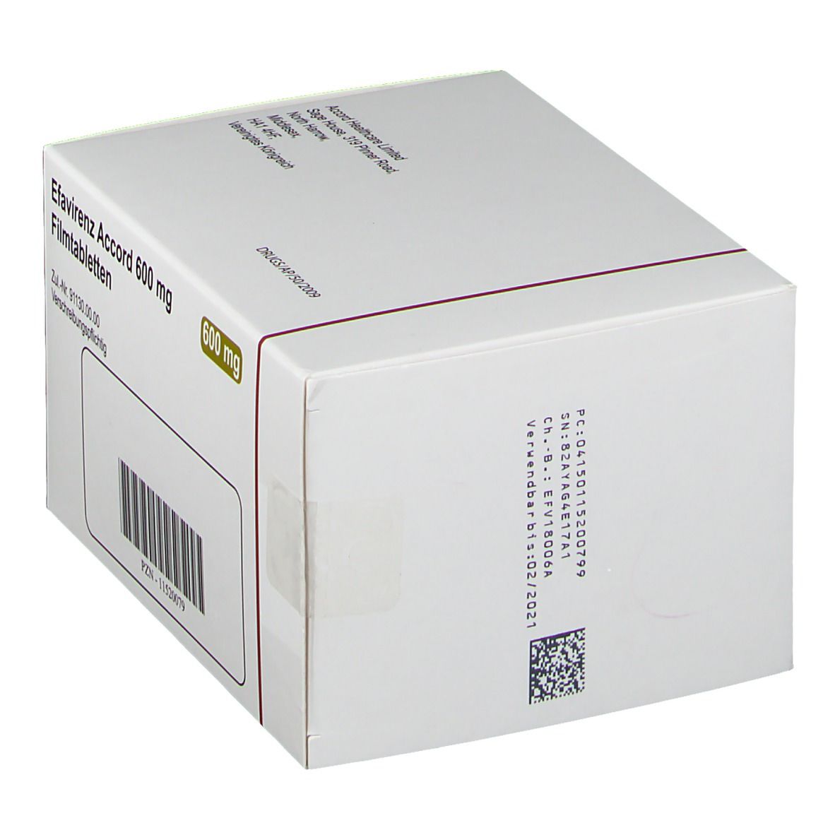 Schachtel mit Efavirenz Accord 600 mg Filmtabletten. Aufschrift: 90 Filmtabletten. Marke: accord. QR-Code und Barcode.