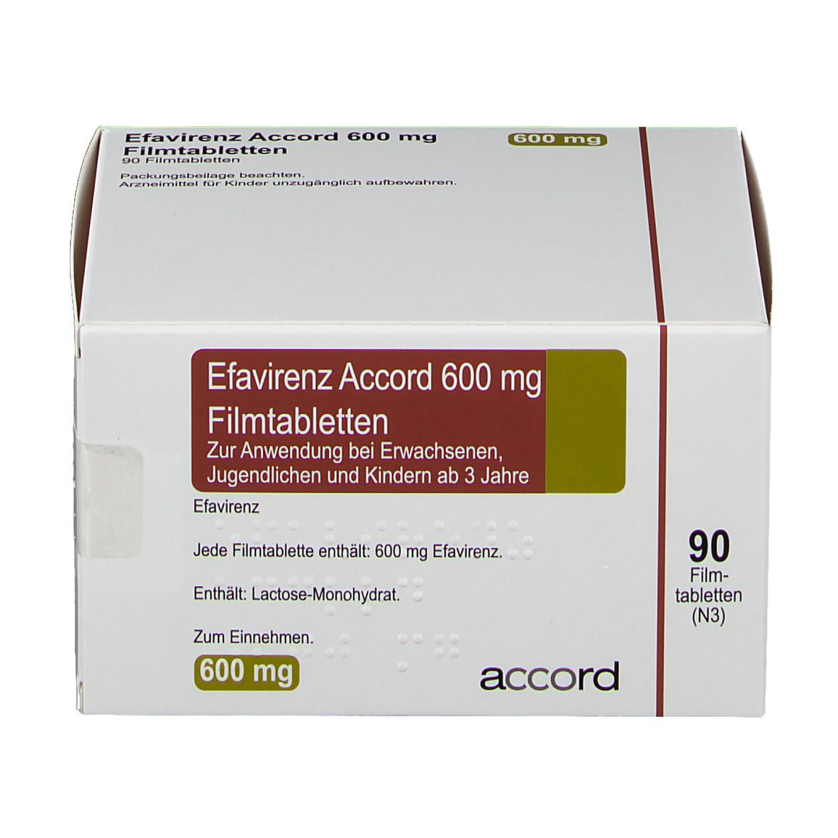 Schachtel mit Efavirenz Accord 600 mg Filmtabletten. Aufschrift: 90 Filmtabletten. Marke: accord. Braune und grüne Akzente.