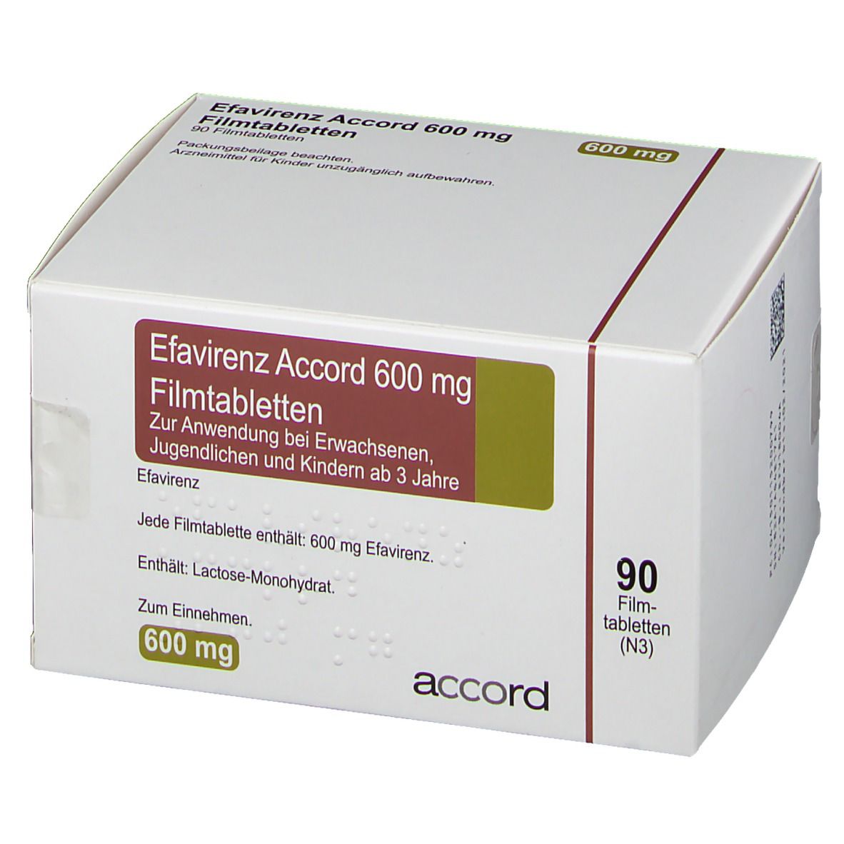 Schachtel mit Efavirenz Accord 600 mg Filmtabletten. Aufschrift: 90 Filmtabletten. Marke: accord. Braune und grüne Akzente.