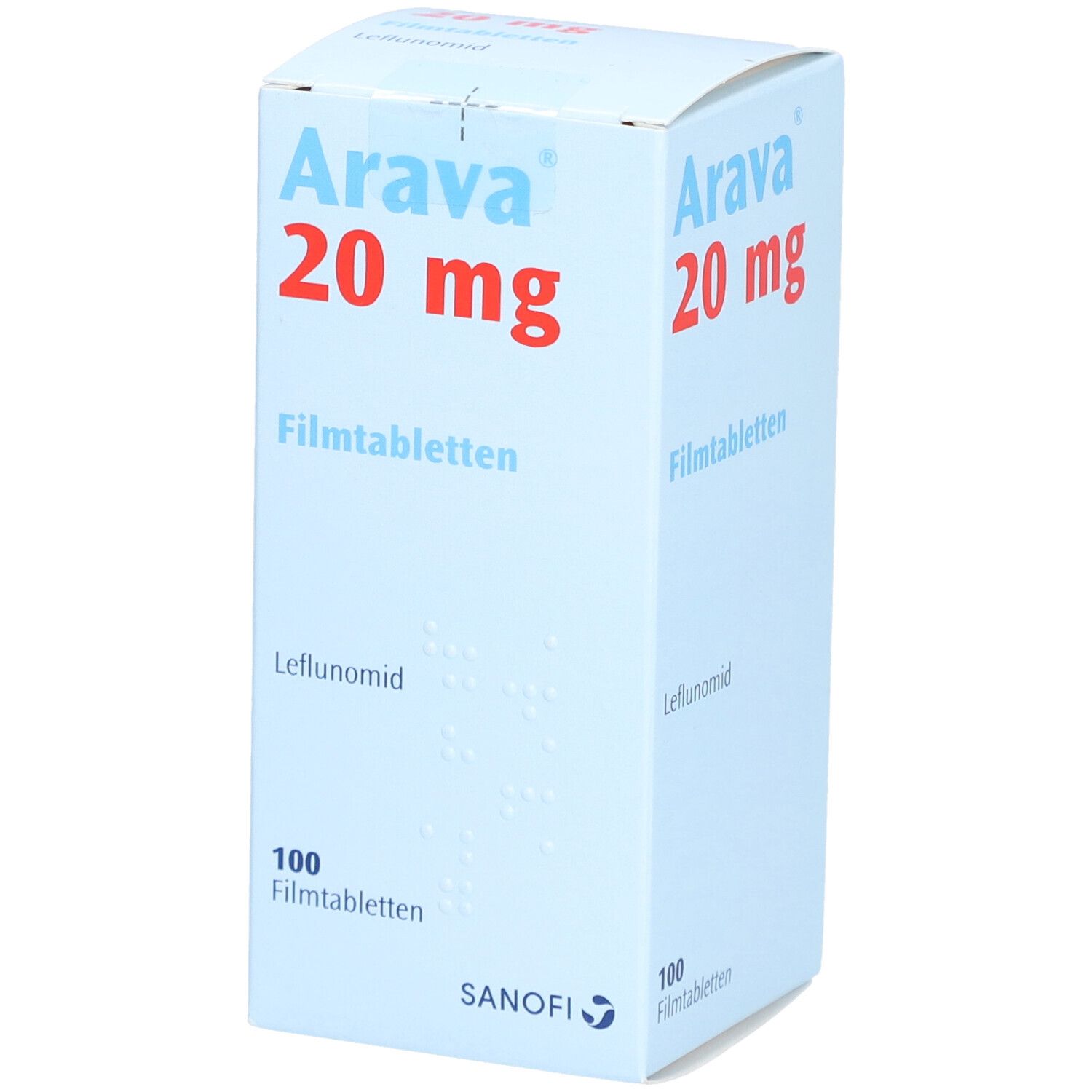 Hellblaue Schachtel mit "Arava 20 mg" in Rot. Enthält 100 Filmtabletten. Sanofi-Logo unten.