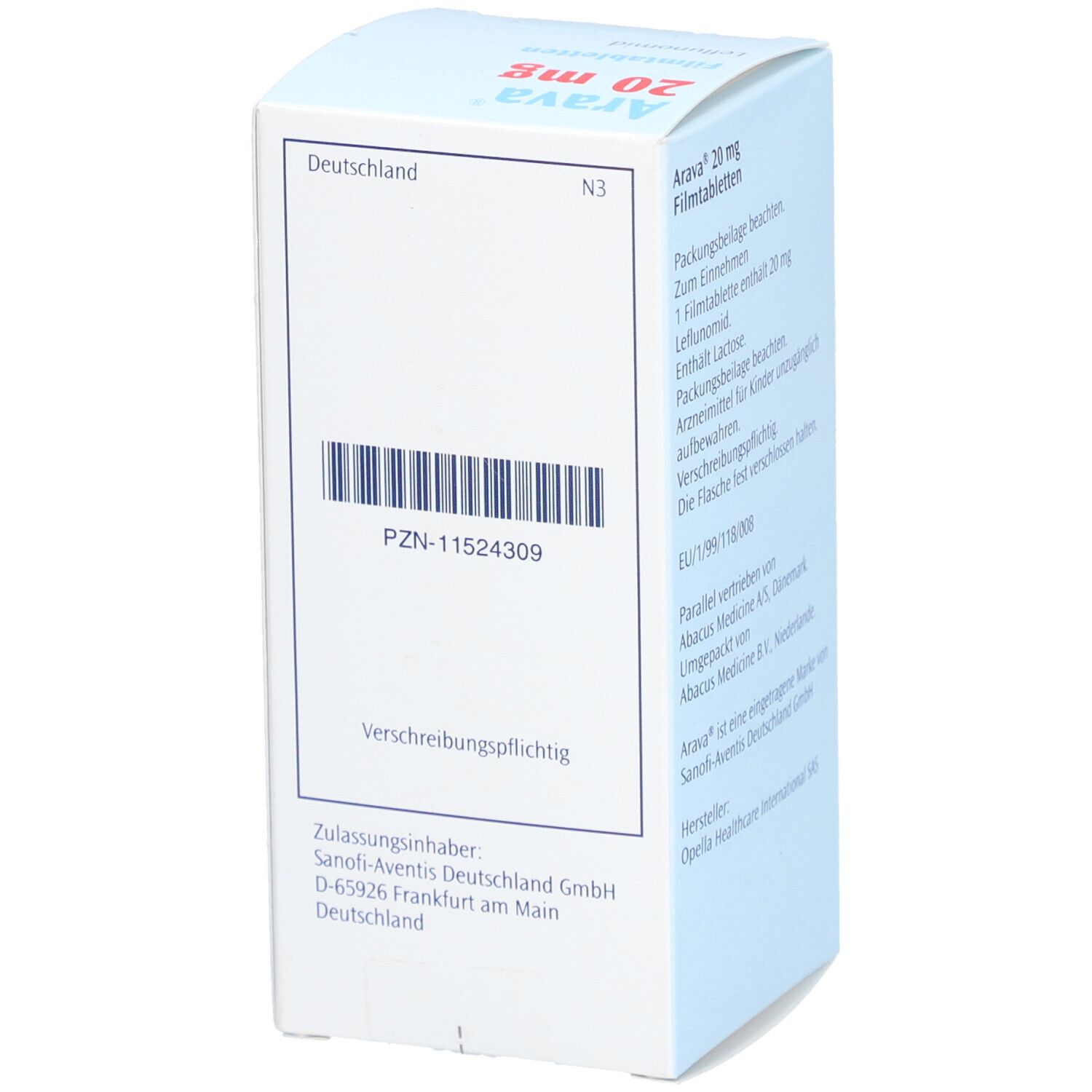 Hellblaue Schachtel mit "Arava 20 mg". Rückseite mit Barcode und Text. Hergestellt in Deutschland.