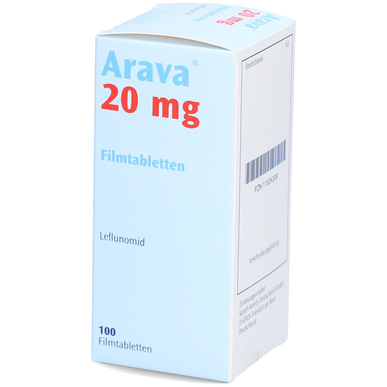 Hellblaue Schachtel mit "Arava 20 mg" in Rot. Enthält 100 Filmtabletten. Barcode und Text.