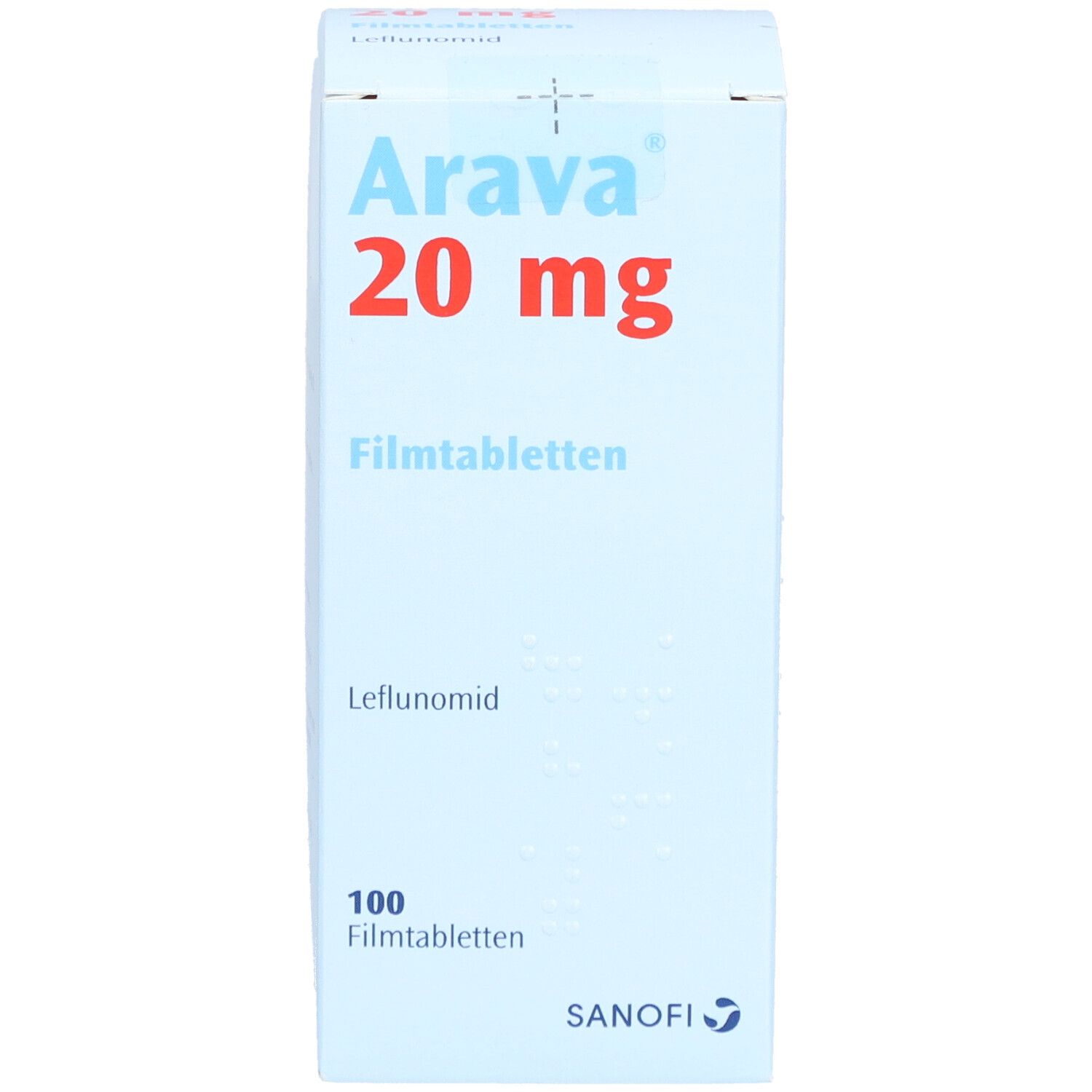 Hellblaue Schachtel mit "Arava 20 mg" in Rot. Enthält 100 Filmtabletten. Sanofi-Logo unten.