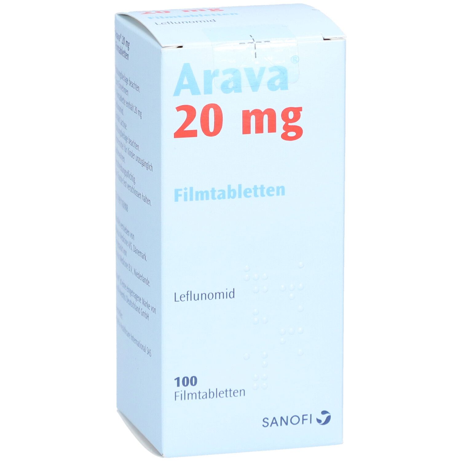 Hellblaue Schachtel mit "Arava 20 mg" in Rot. Enthält 100 Filmtabletten. Sanofi-Logo unten.