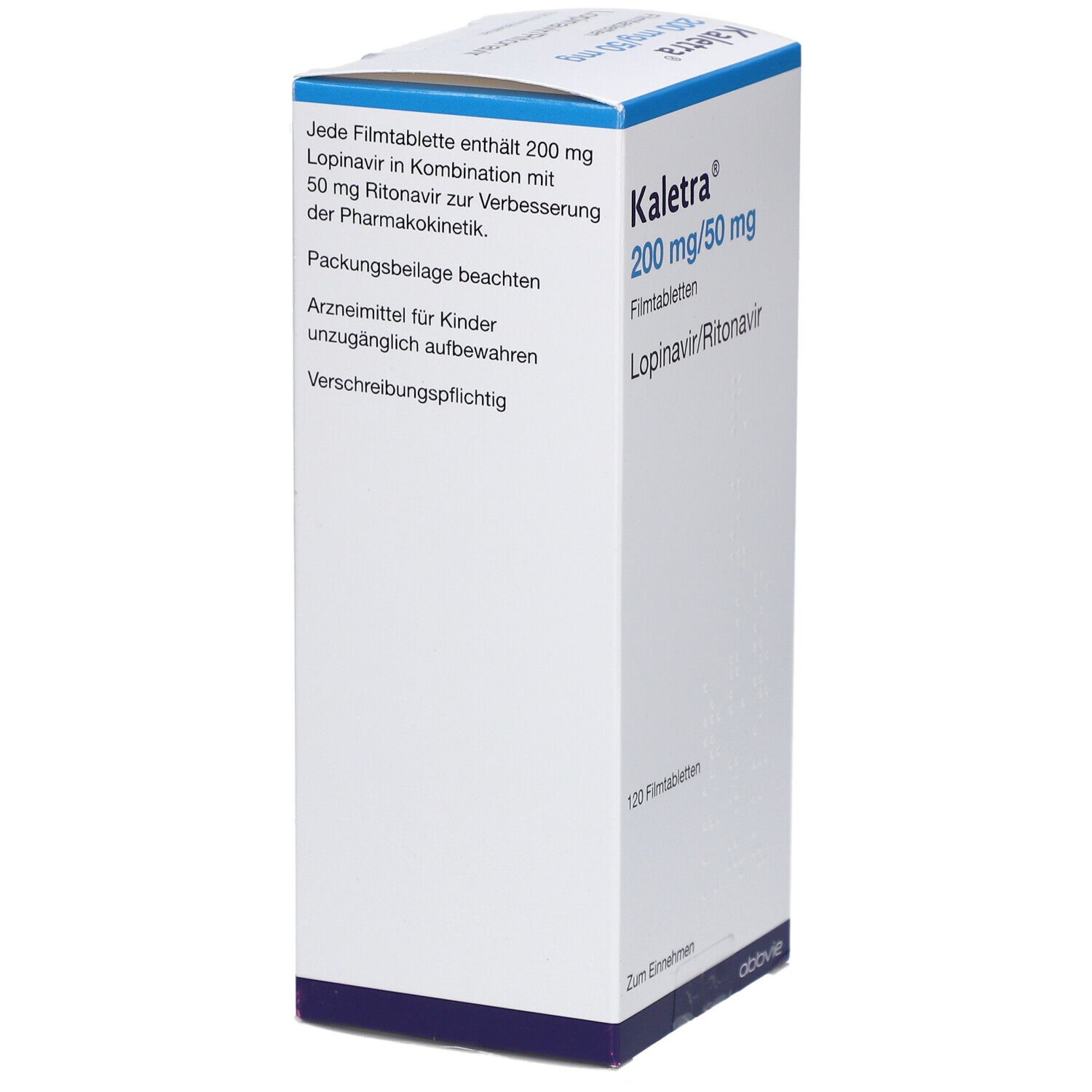 Schachtel mit Kaletra 200 mg/50 mg Filmtabletten. Text: Lopinavir/Ritonavir, 120 Filmtabletten, Zum Einnehmen.