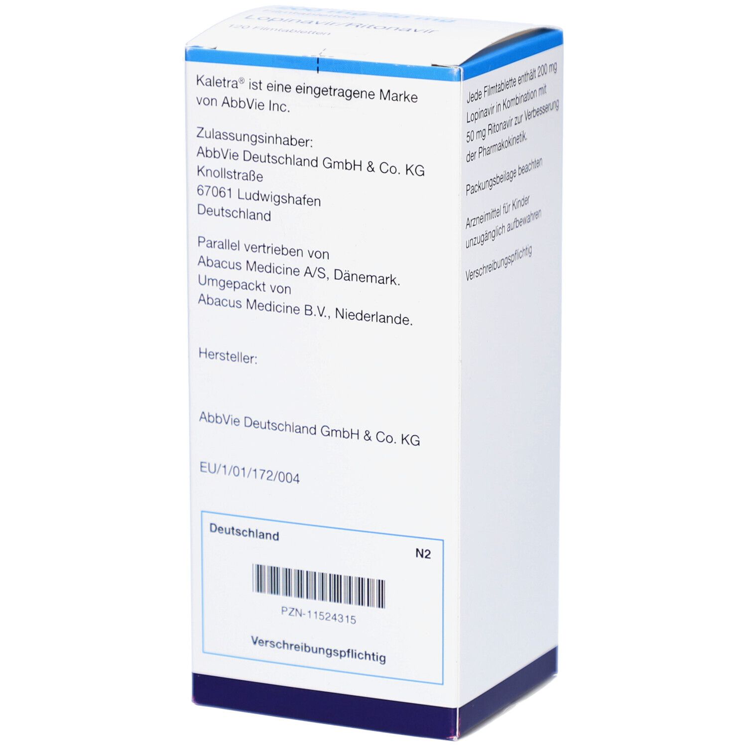 Schachtel mit Kaletra 200 mg/50 mg Filmtabletten. Text: Lopinavir/Ritonavir, 120 Filmtabletten, Hersteller AbbVie.
