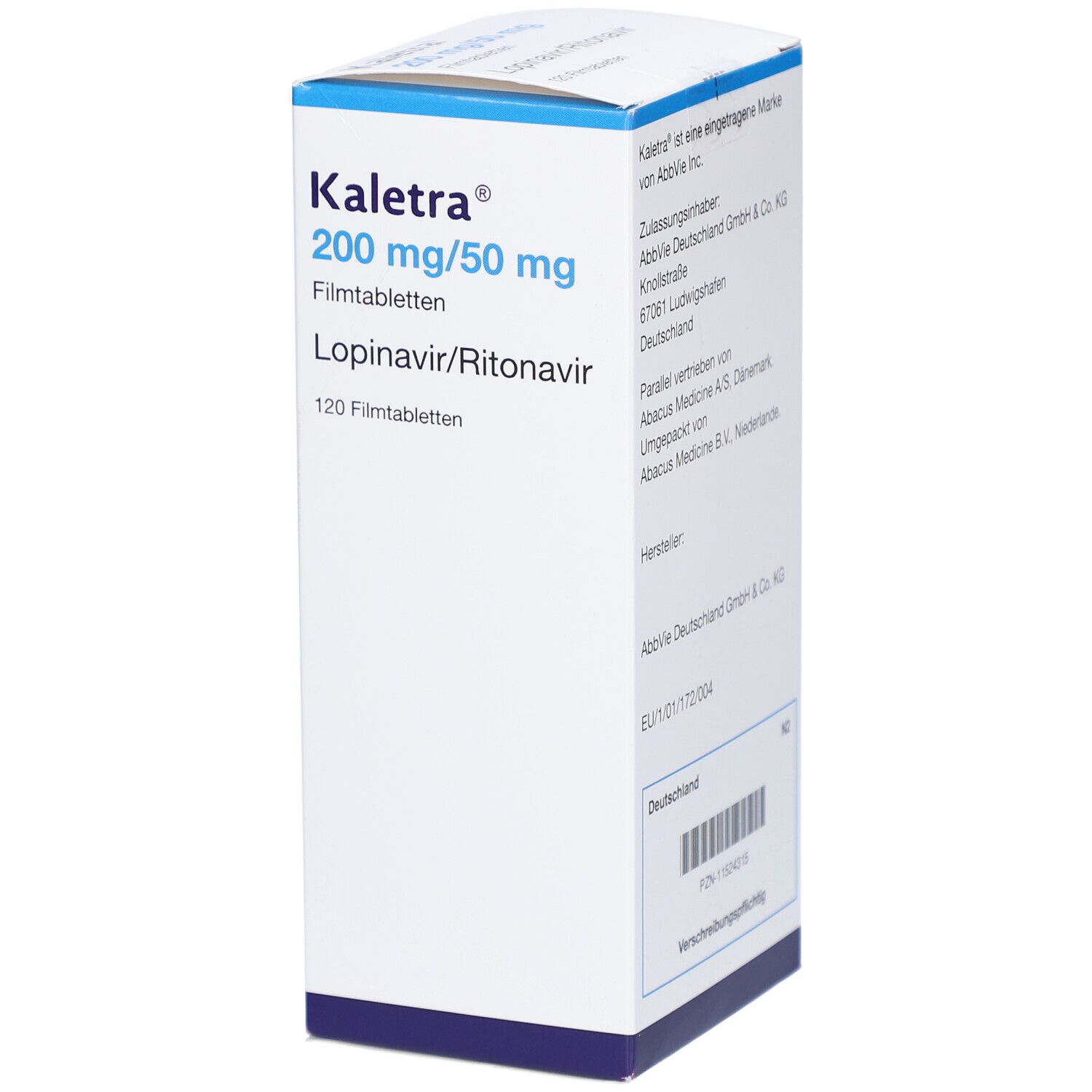Schachtel mit Kaletra 200 mg/50 mg Filmtabletten. Aufschrift: Lopinavir/Ritonavir, 120 Filmtabletten, AbbVie.