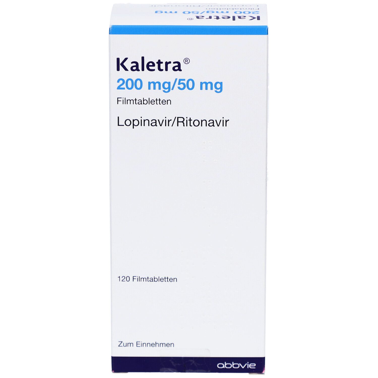 Schachtel mit Kaletra 200 mg/50 mg Filmtabletten. Aufschrift: Lopinavir/Ritonavir, 120 Filmtabletten, AbbVie.