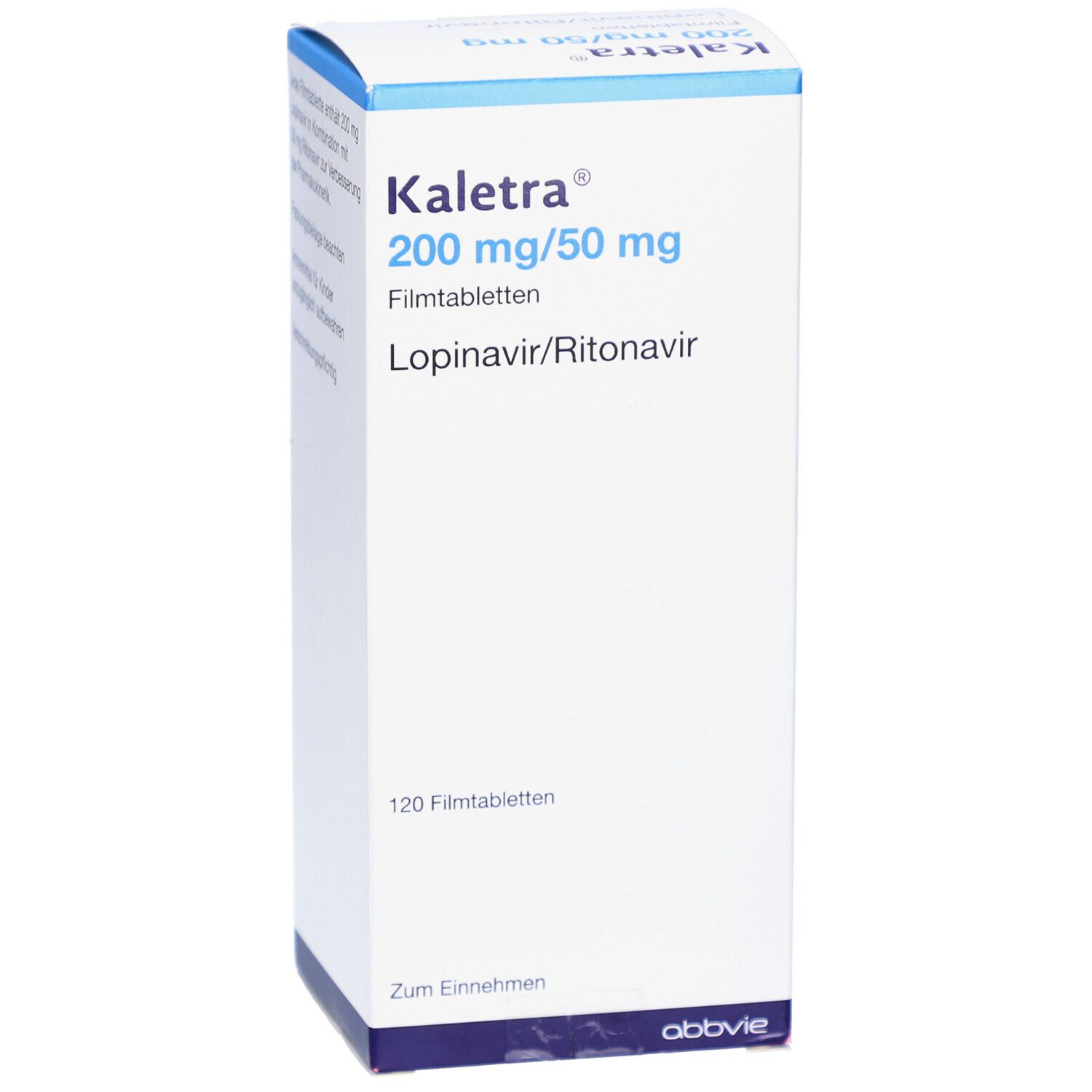 Schachtel mit Kaletra 200 mg/50 mg Filmtabletten. Aufschrift: Lopinavir/Ritonavir, 120 Filmtabletten, AbbVie.