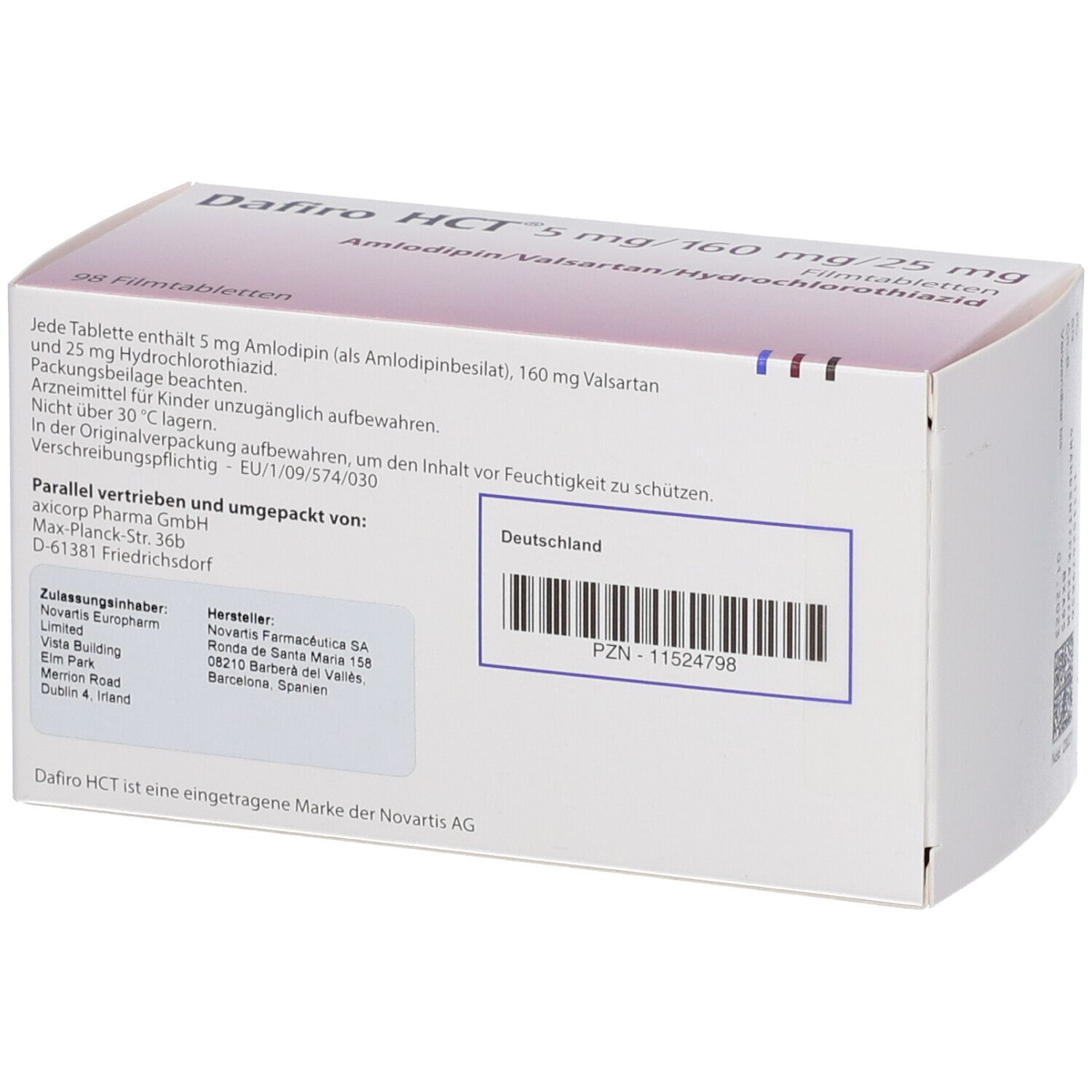 Rückseite der Schachtel Dafiro HCT 5 mg/160 mg/25 mg Filmtabletten. Informationen zu Inhaltsstoffen, Hersteller und Barcode.