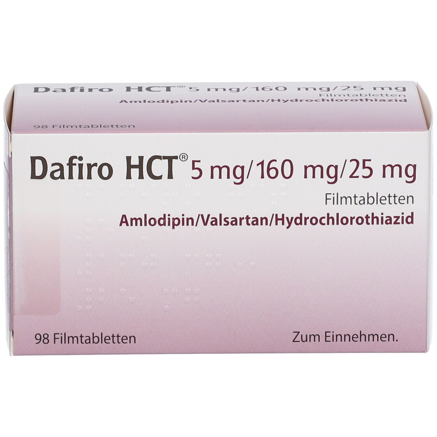 Schachtel mit Dafiro HCT 5 mg/160 mg/25 mg Filmtabletten. Aufschrift: Amlodipin/Valsartan/Hydrochlorothiazid. 98 Filmtabletten.