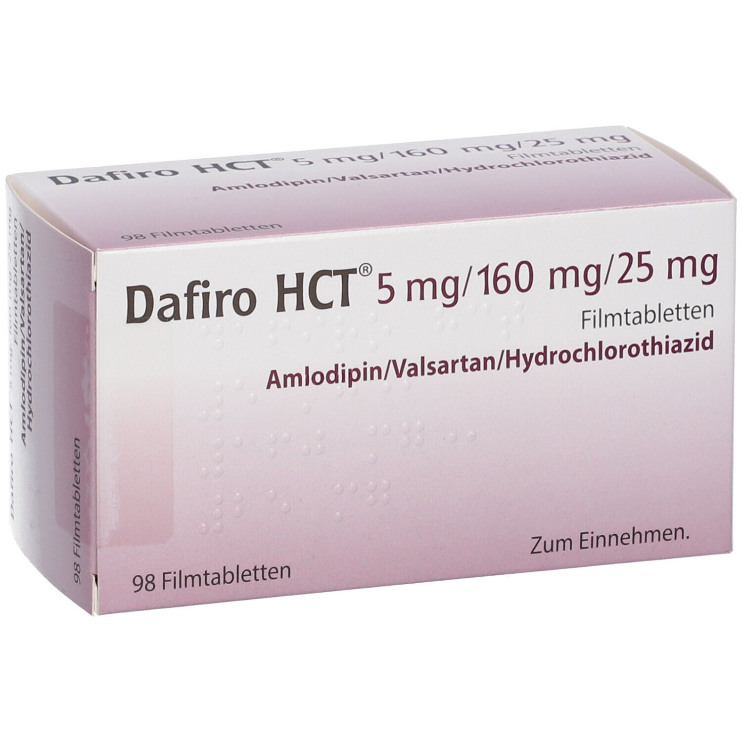 Schachtel Dafiro HCT 5 mg/160 mg/25 mg Filmtabletten. Aufschrift: Amlodipin/Valsartan/Hydrochlorothiazid. 98 Filmtabletten. Schräge Ansicht.