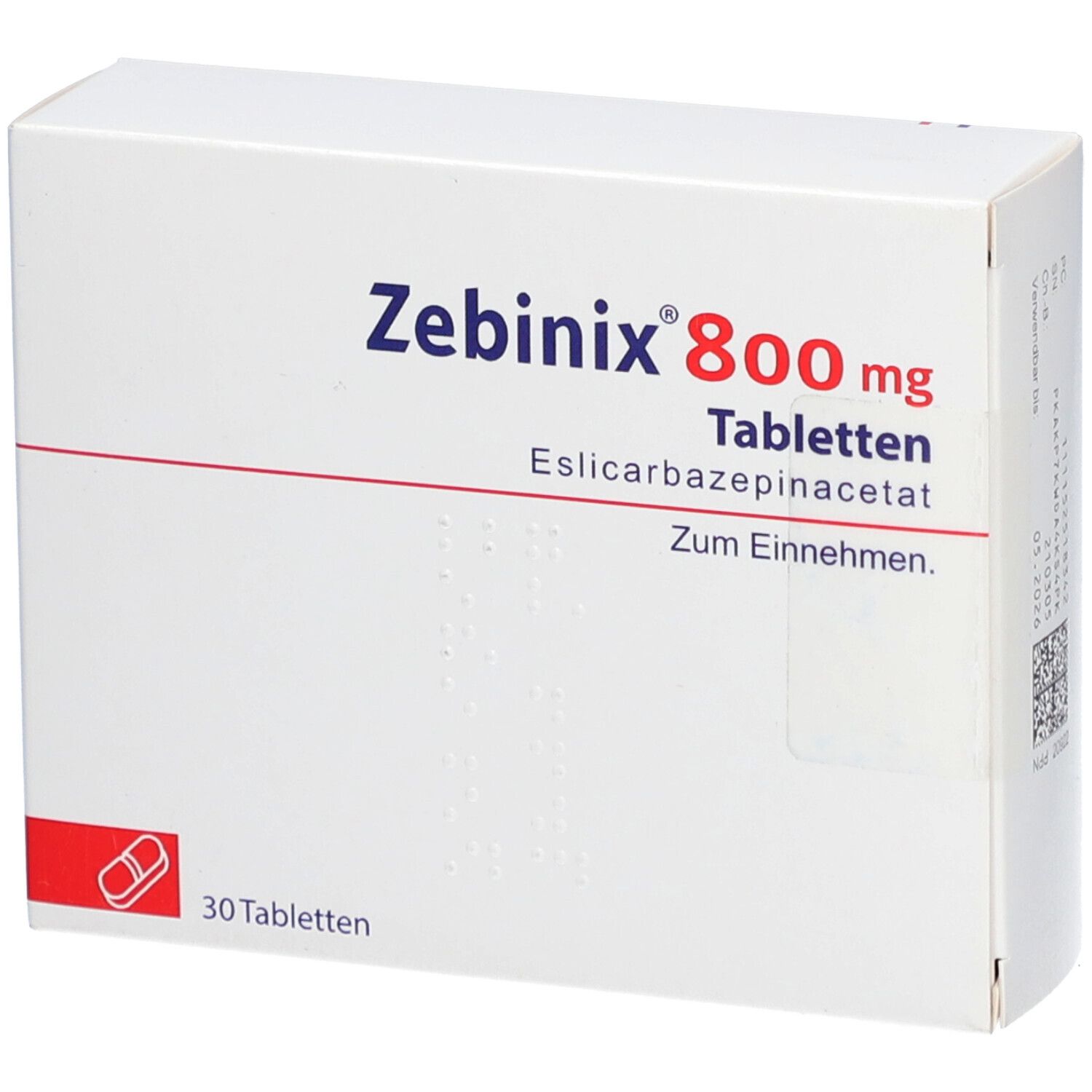 Weiße Schachtel mit ZEBINIX 800 mg Tabletten. Aufschrift: Eslicarbazepinatacetat, Zum Einnehmen. 30 Tabletten.