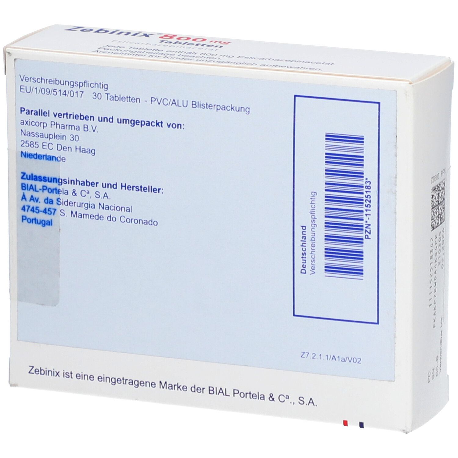 Rückseite der ZEBINIX 800 mg Tabletten-Schachtel. Informationen zu Hersteller, Vertrieb und Inhaltsstoffen. Barcode.