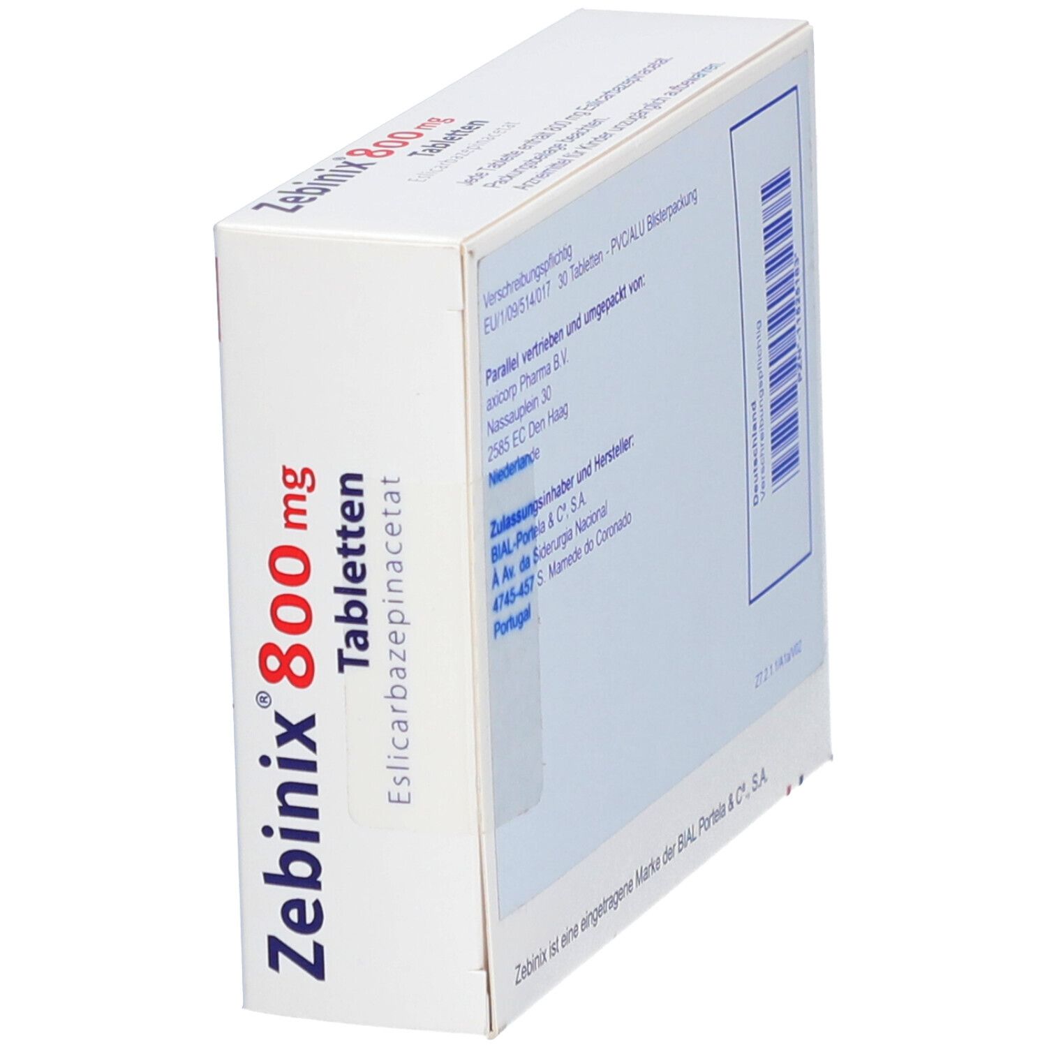 Perspektivische Ansicht der ZEBINIX 800 mg Tabletten-Schachtel. Informationen zu Hersteller, Vertrieb und Inhaltsstoffen.