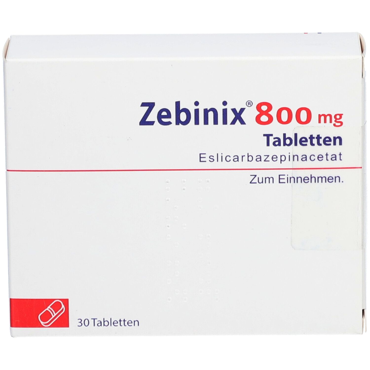 Weiße Schachtel mit ZEBINIX 800 mg Tabletten. Aufschrift: Eslicarbazepinatacetat, Zum Einnehmen. 30 Tabletten.