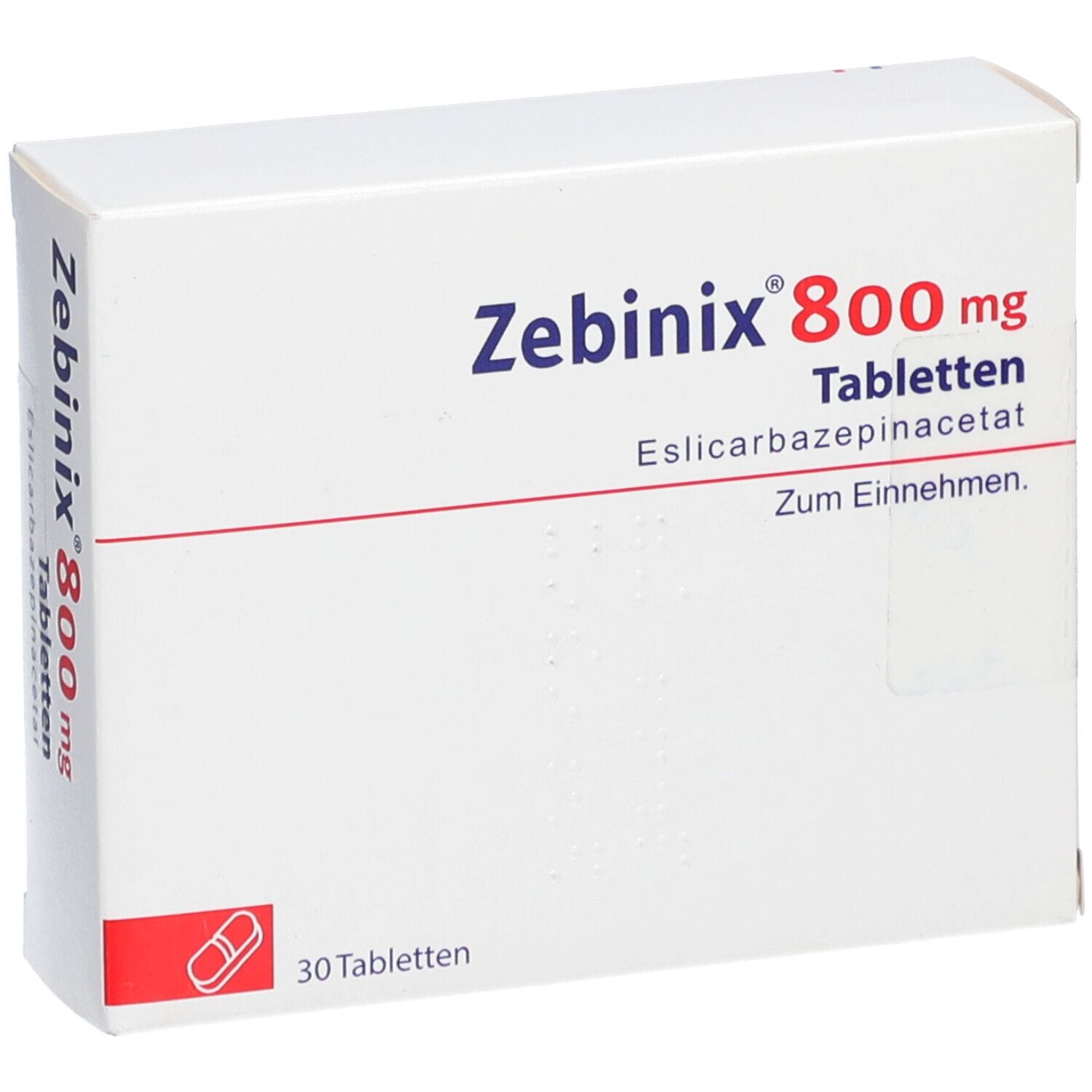 Weiße Schachtel mit ZEBINIX 800 mg Tabletten. Aufschrift: Eslicarbazepinatacetat, Zum Einnehmen. 30 Tabletten.