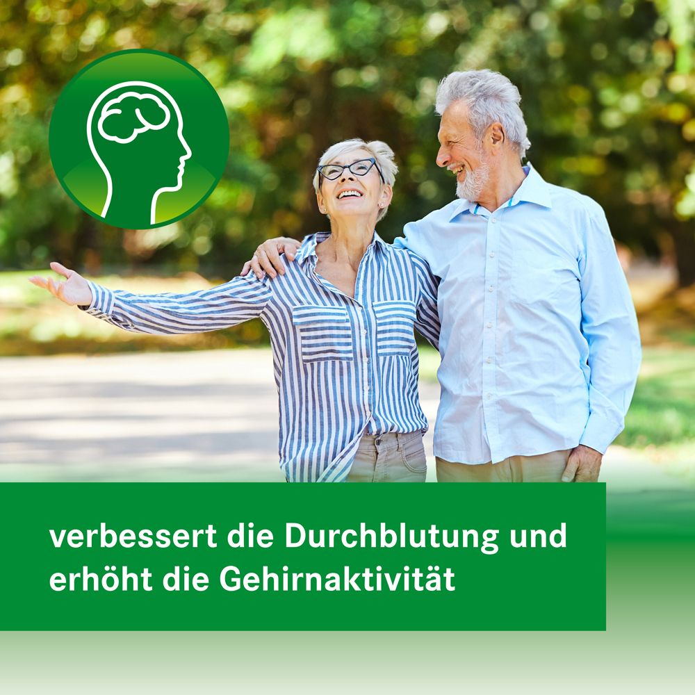 Älteres Ehepaar im Park. Text: verbessert die Durchblutung und erhöht die Gehirnaktivität.
