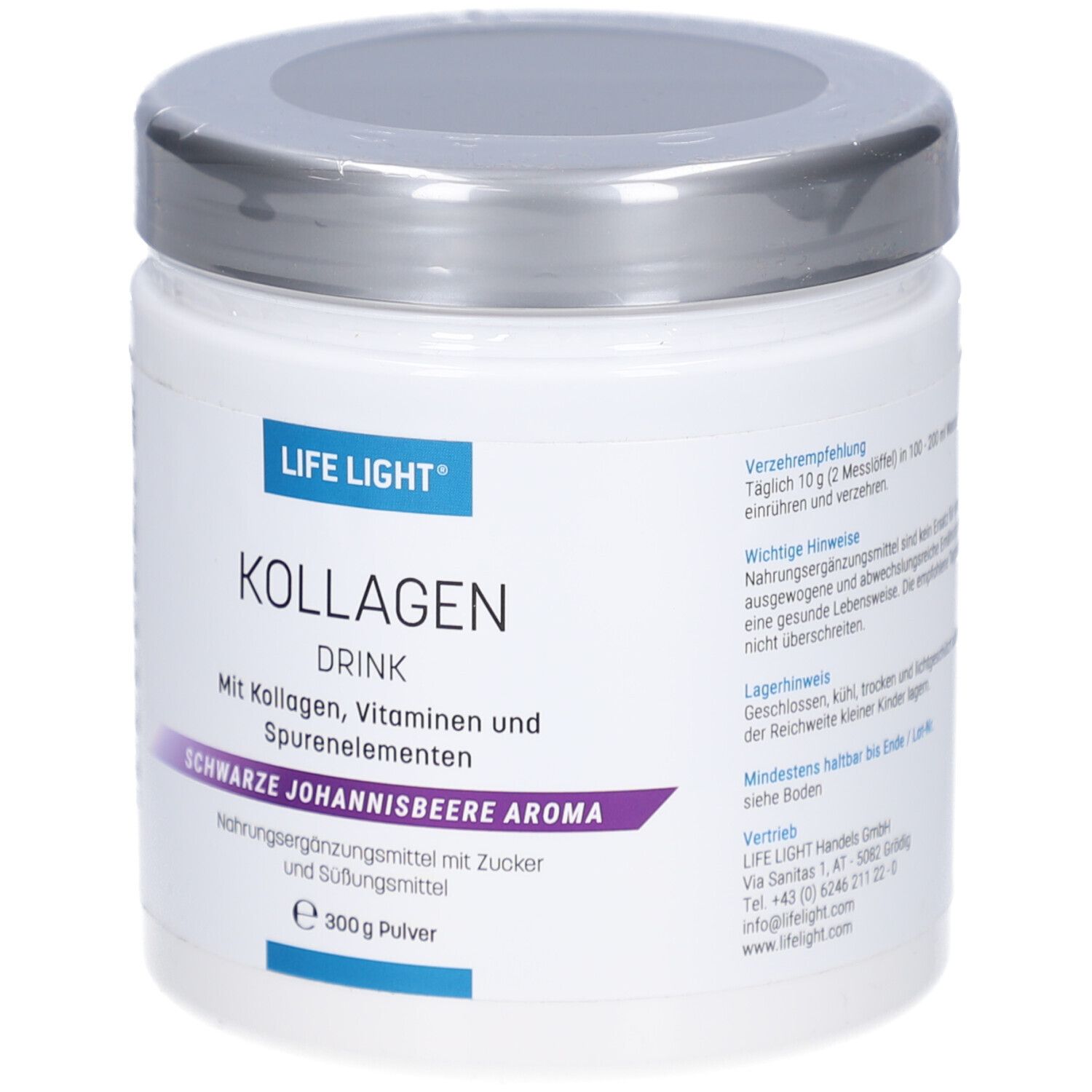 Weißes Dose mit silbernem Deckel. Aufschrift: LIFE LIGHT, KOLLAGEN DRINK, Schwarze Johannisbeere Aroma. 300g Pulver.